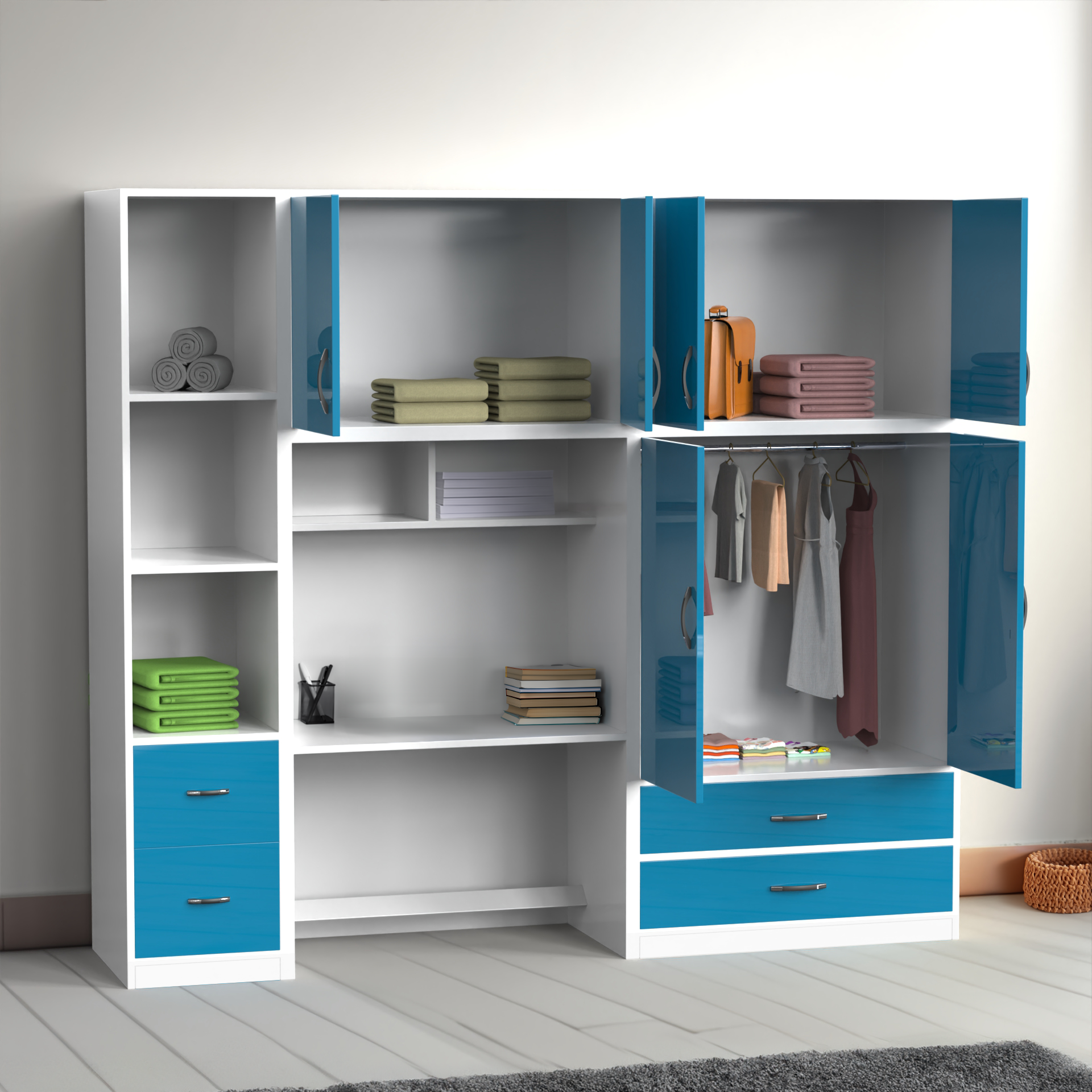 Valencia Wardrobe cum Study Table - Hongkong blue and Frosty white - Neehv Home