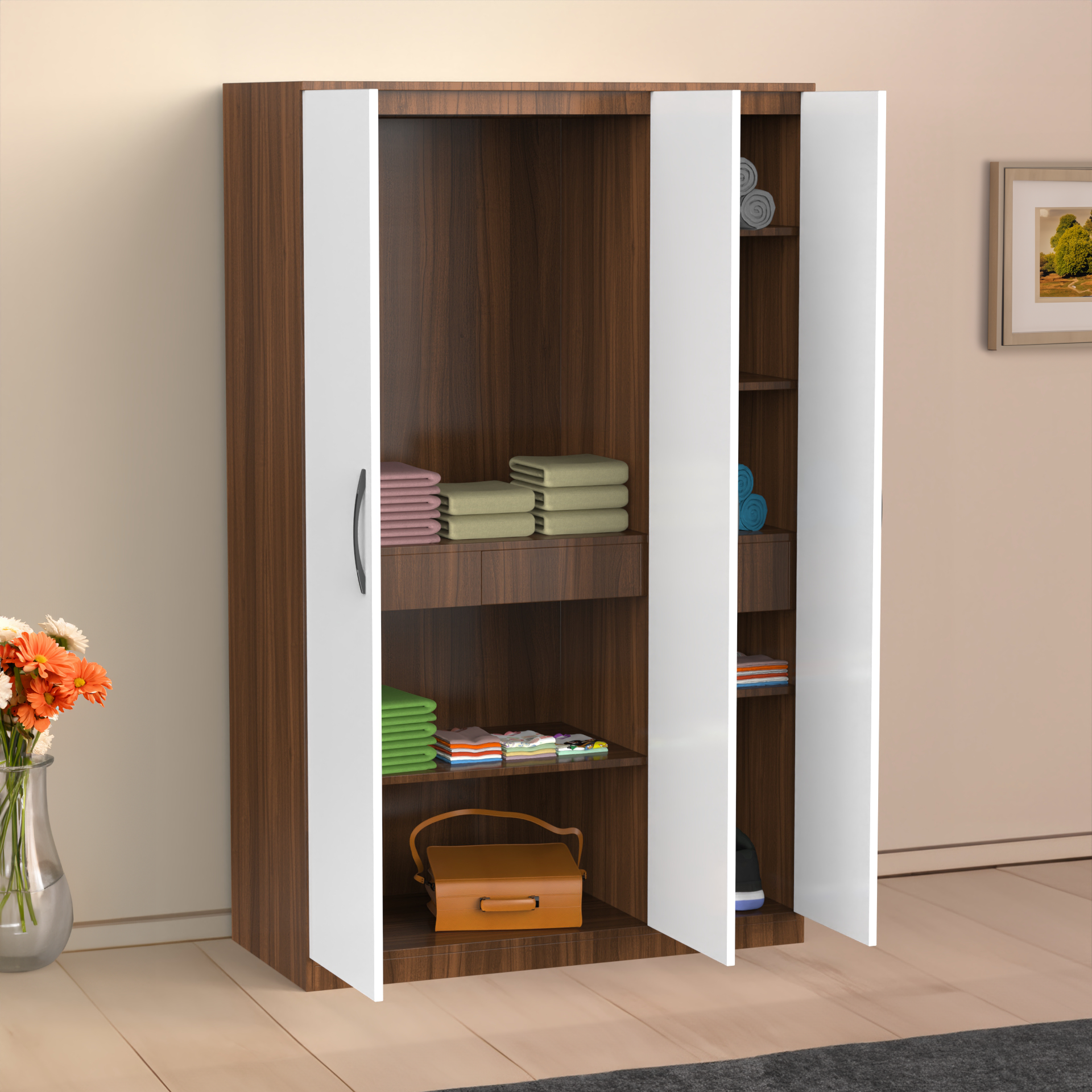 Celestia 3 Door Multi Utility Wardrobe - Classic Walnut and Frosty white - Neehv Home