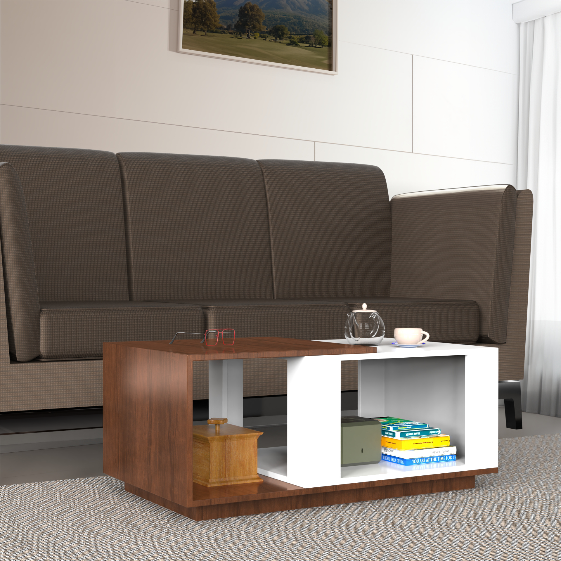 Iris Coffee Table with Open Storage - Brazilian Walnut and Frosty White - Neehv Home