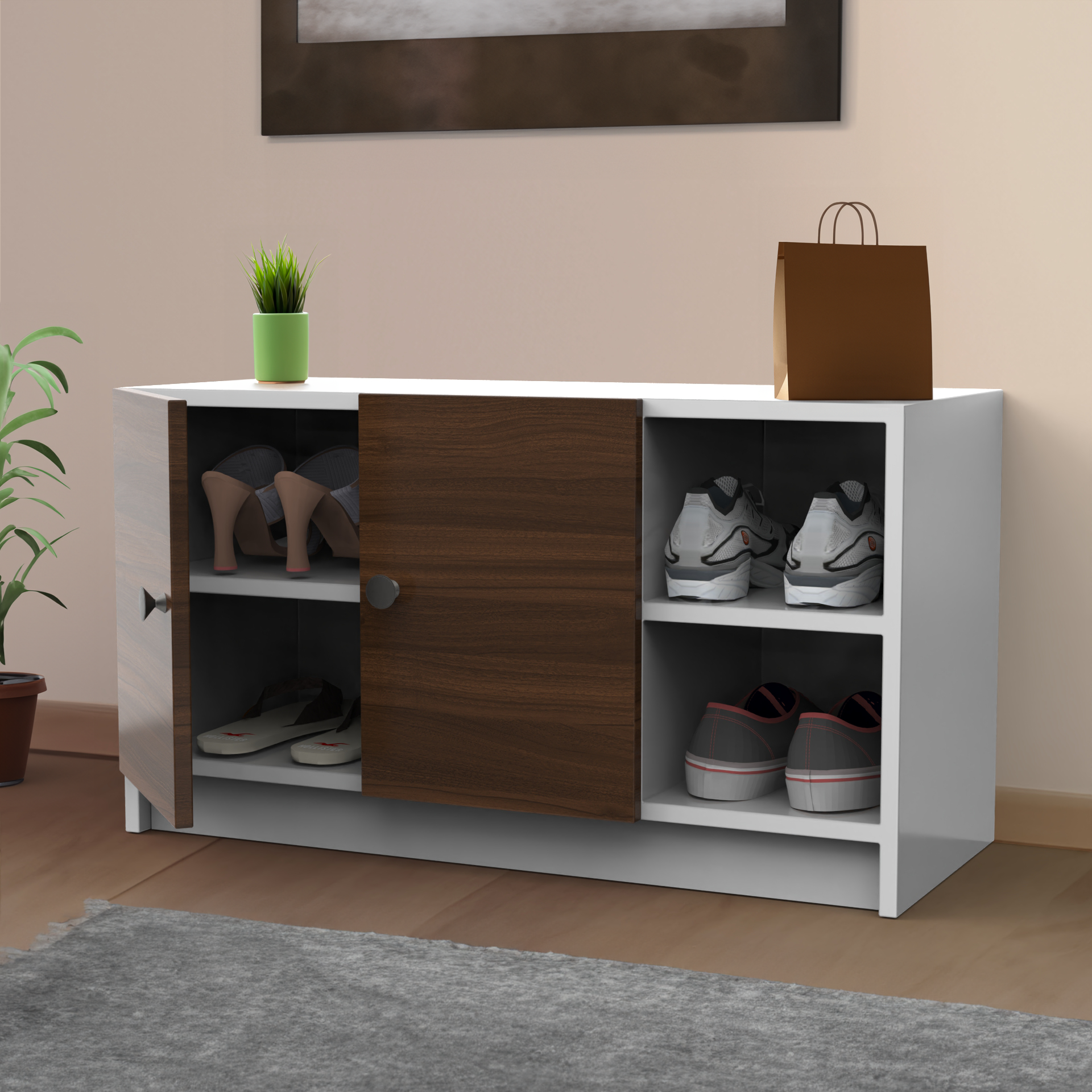 Skye Shoe Rack with Door - Frosty White and Classic Walnut - Neehv Home