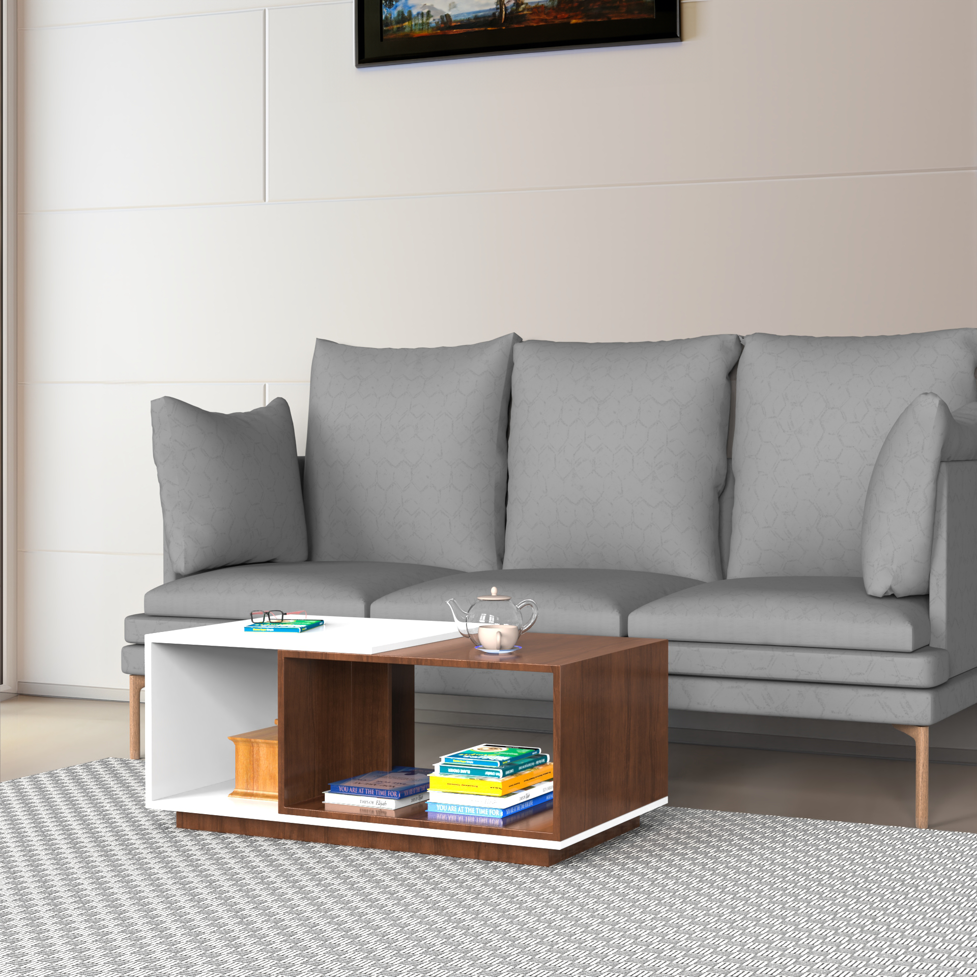 Euphoria Center Table with Open Storage - Brazilian Walnut and Frosty White - Neehv Home