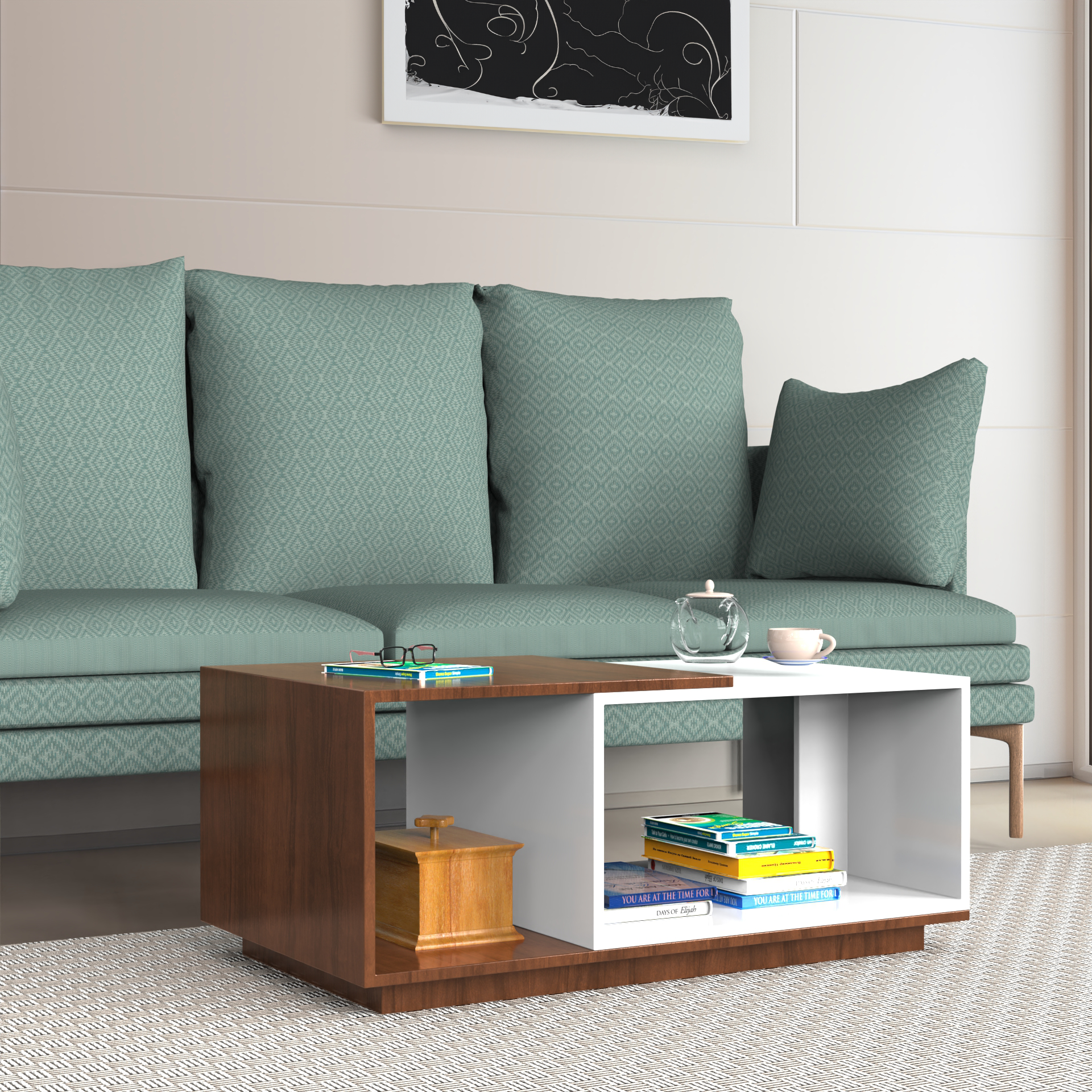 Euphoria Center Table with Open Storage - Brazilian Walnut and Frosty White - Neehv Home