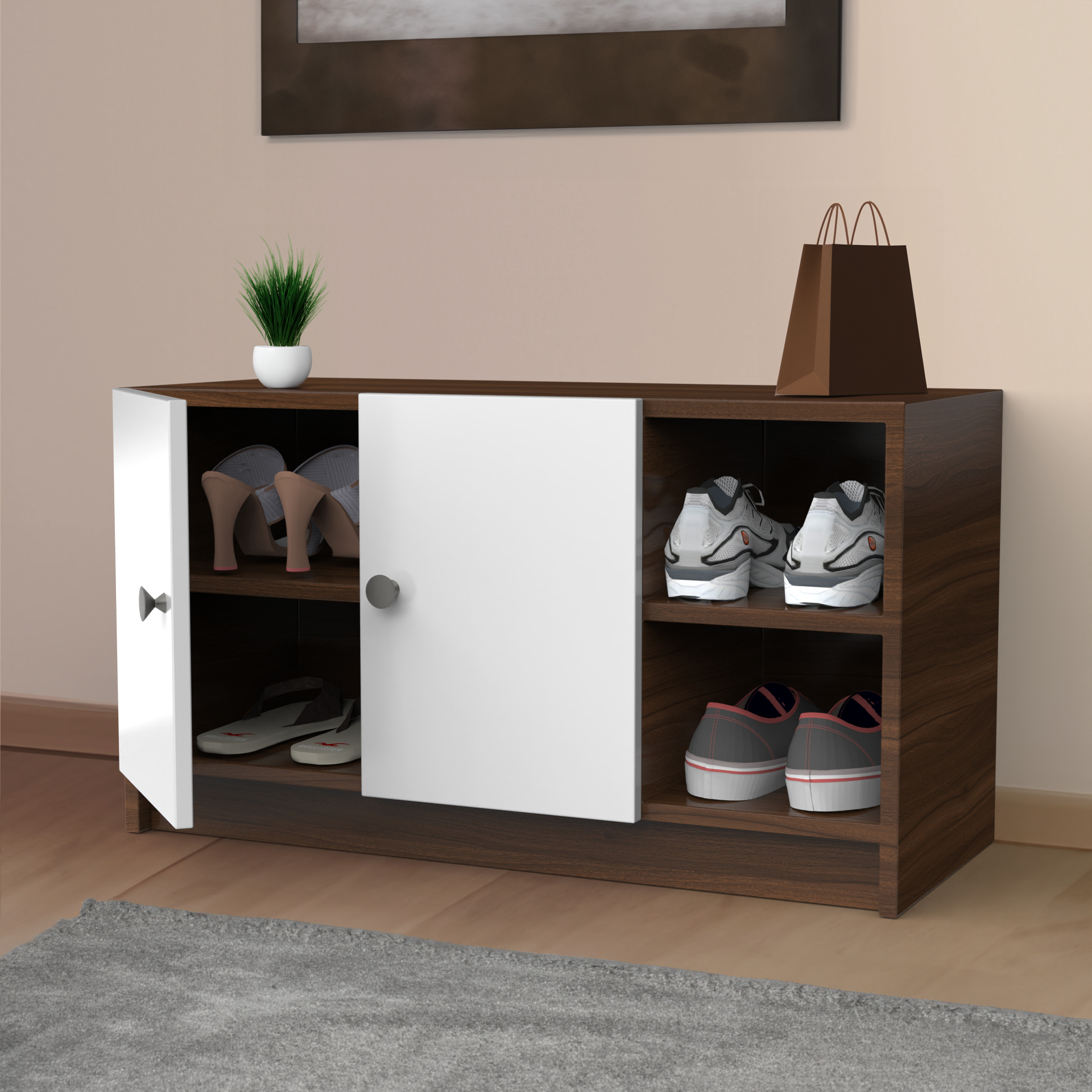 Skye Shoe Rack with Door - Classic Walnut and Frosty white - Neehv Home