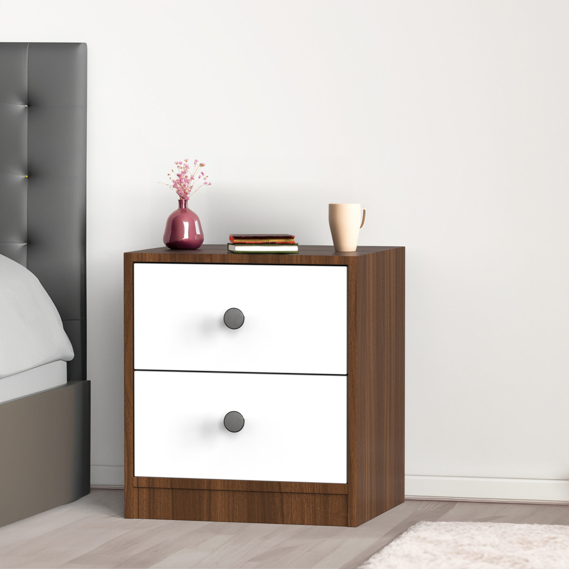 Liam Bedside Table - Classic Walnut and Frosty White - Neehv Home