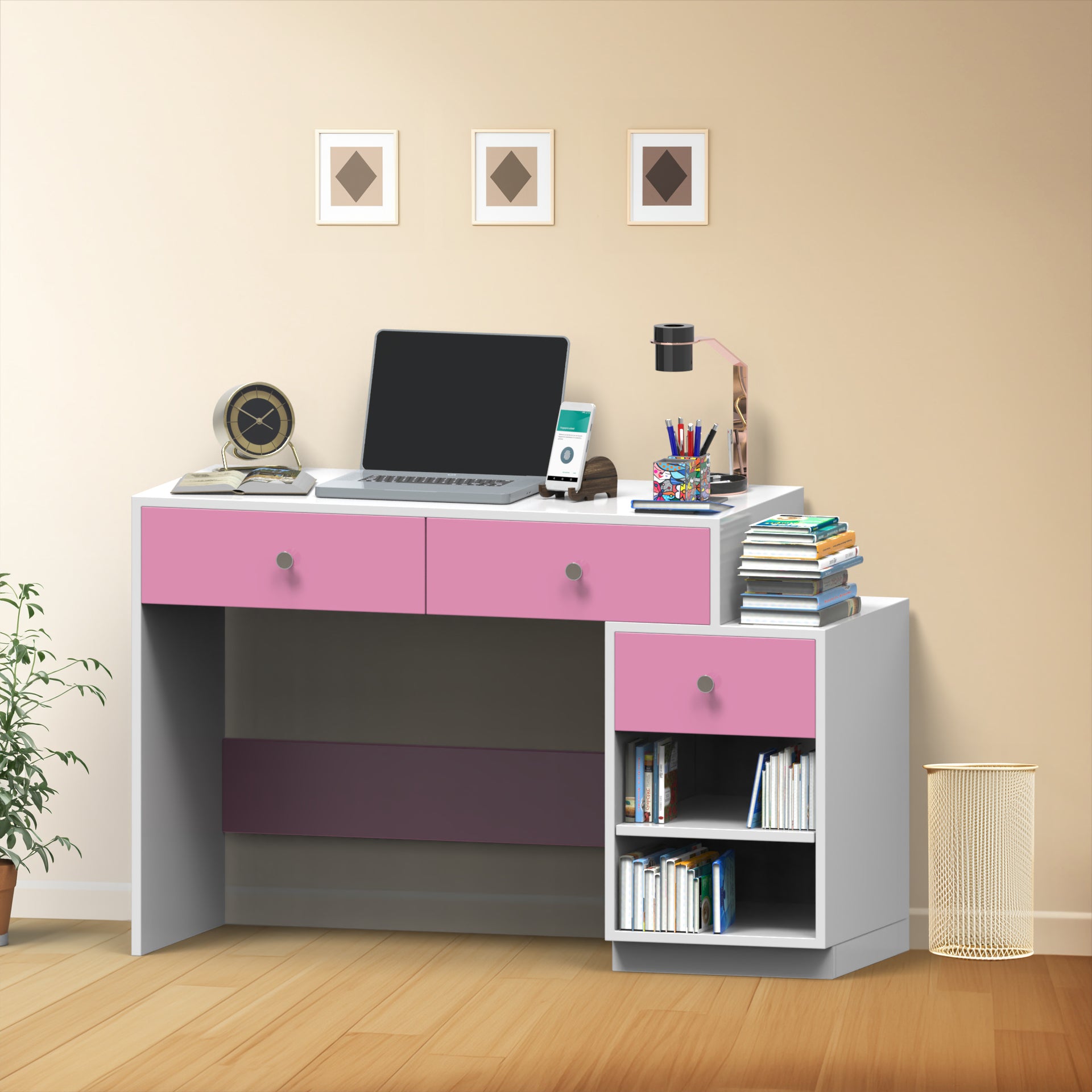 Victor Study Table with Drawers and Storage - Hutch Pink and Frosty White - Neehv Home