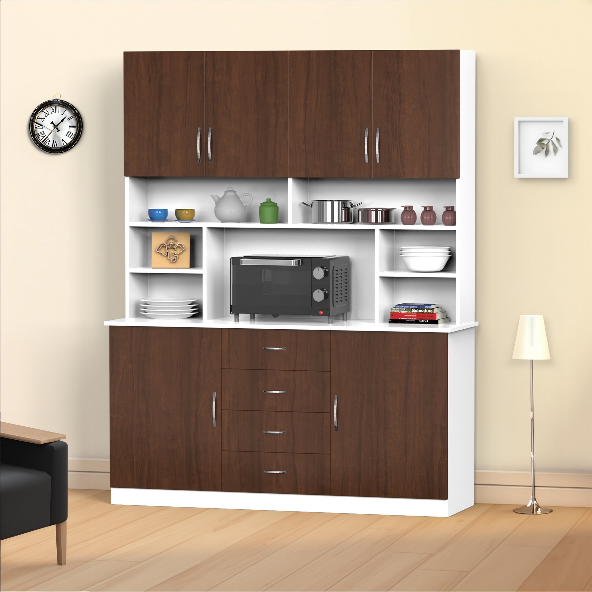 Liam Kitchen Crockery Cabinet - Brazilian walnut and Frosty white - Neehv Home