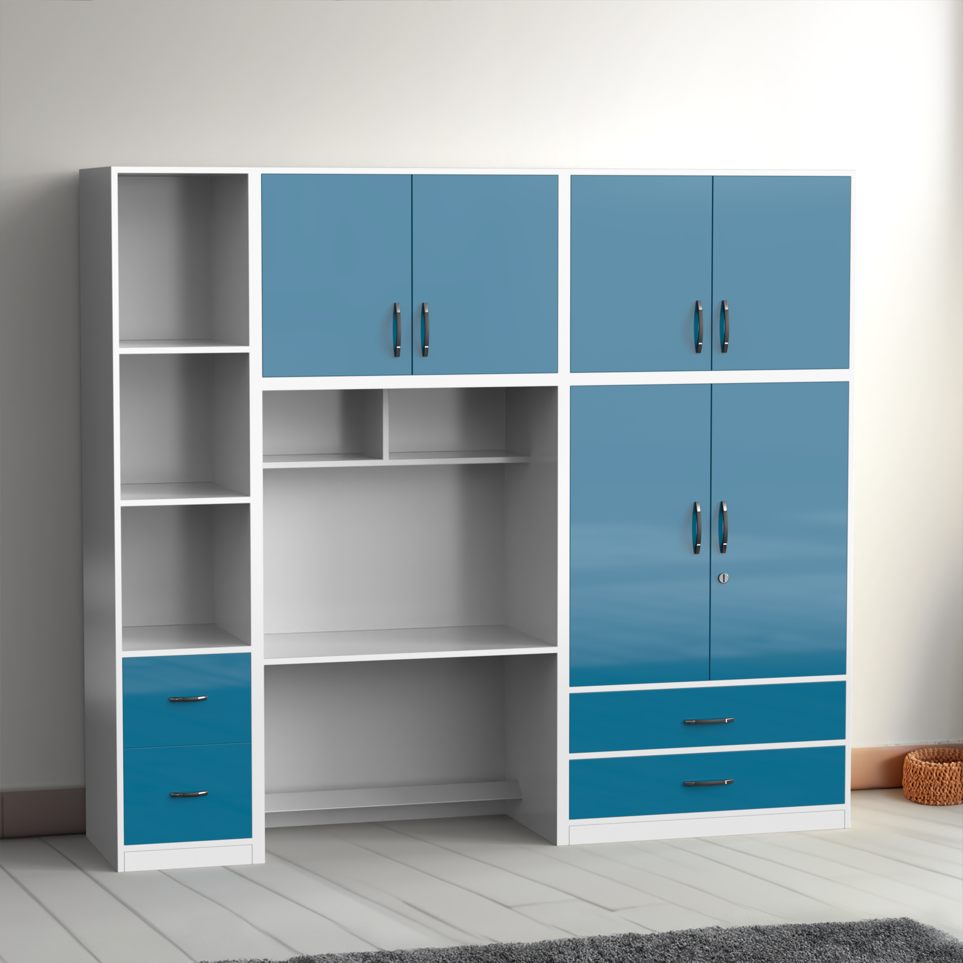 Valencia Wardrobe cum Study Table - Hongkong blue and Frosty white - Neehv Home