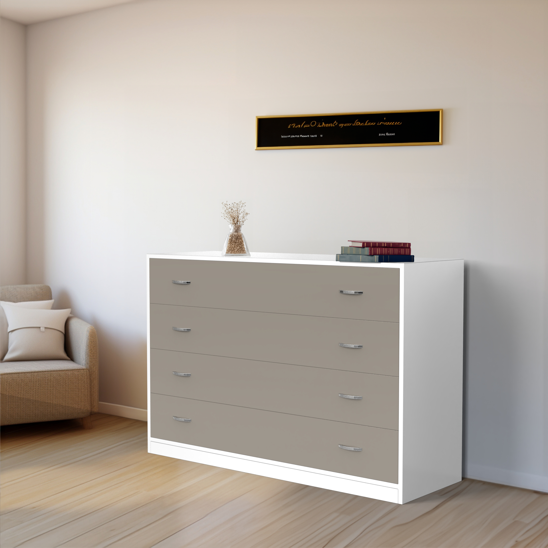 Bliss Chest with 4 Drawers (4') - UV Glossy Pebble Beach and Frosty White - Neehv Home