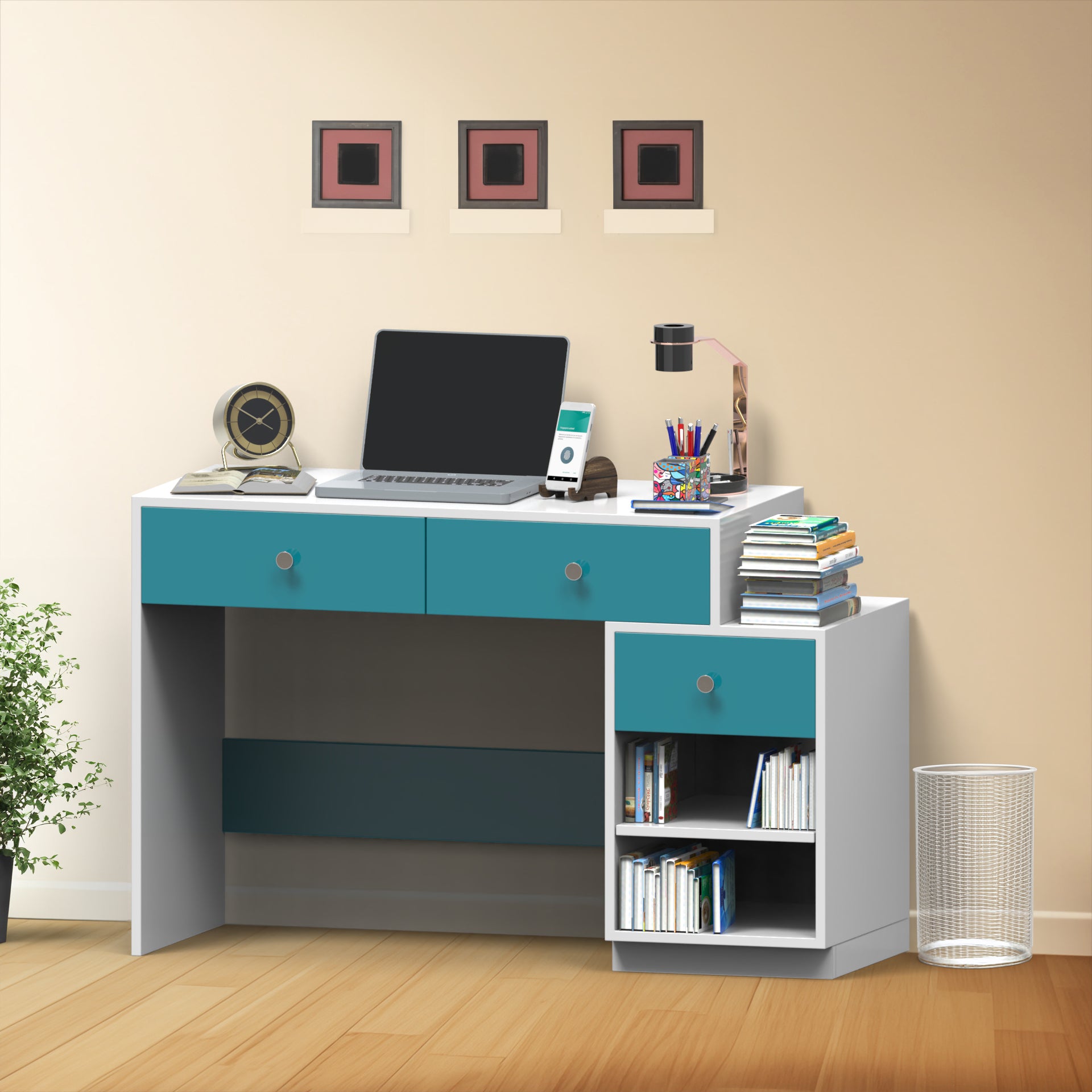 Victor Study Table with Drawers and Storage - Caribe and Frosty White - Neehv Home