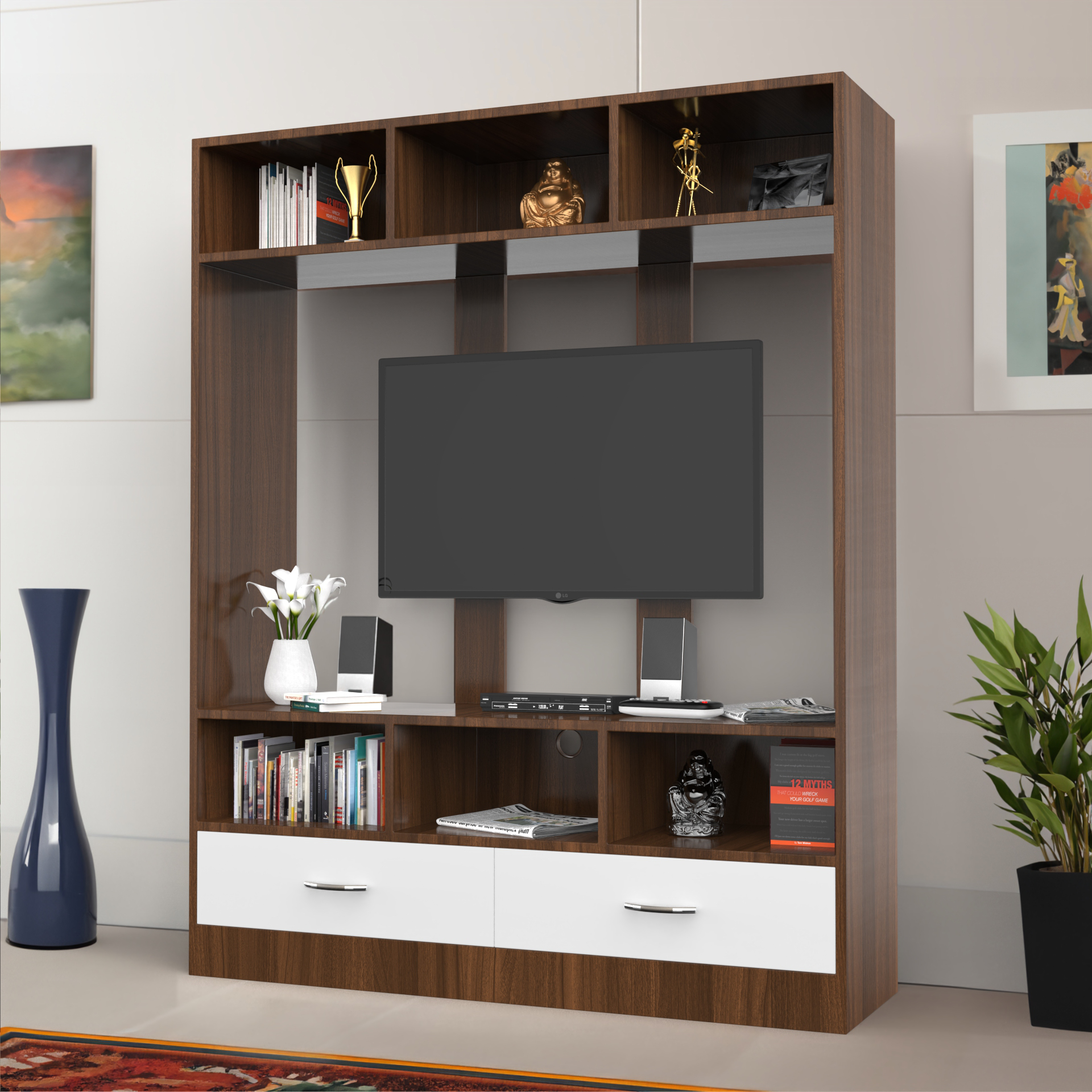 Polaris Wooden TV Unit - Classic Walnut and Frosty White - Neehv Home