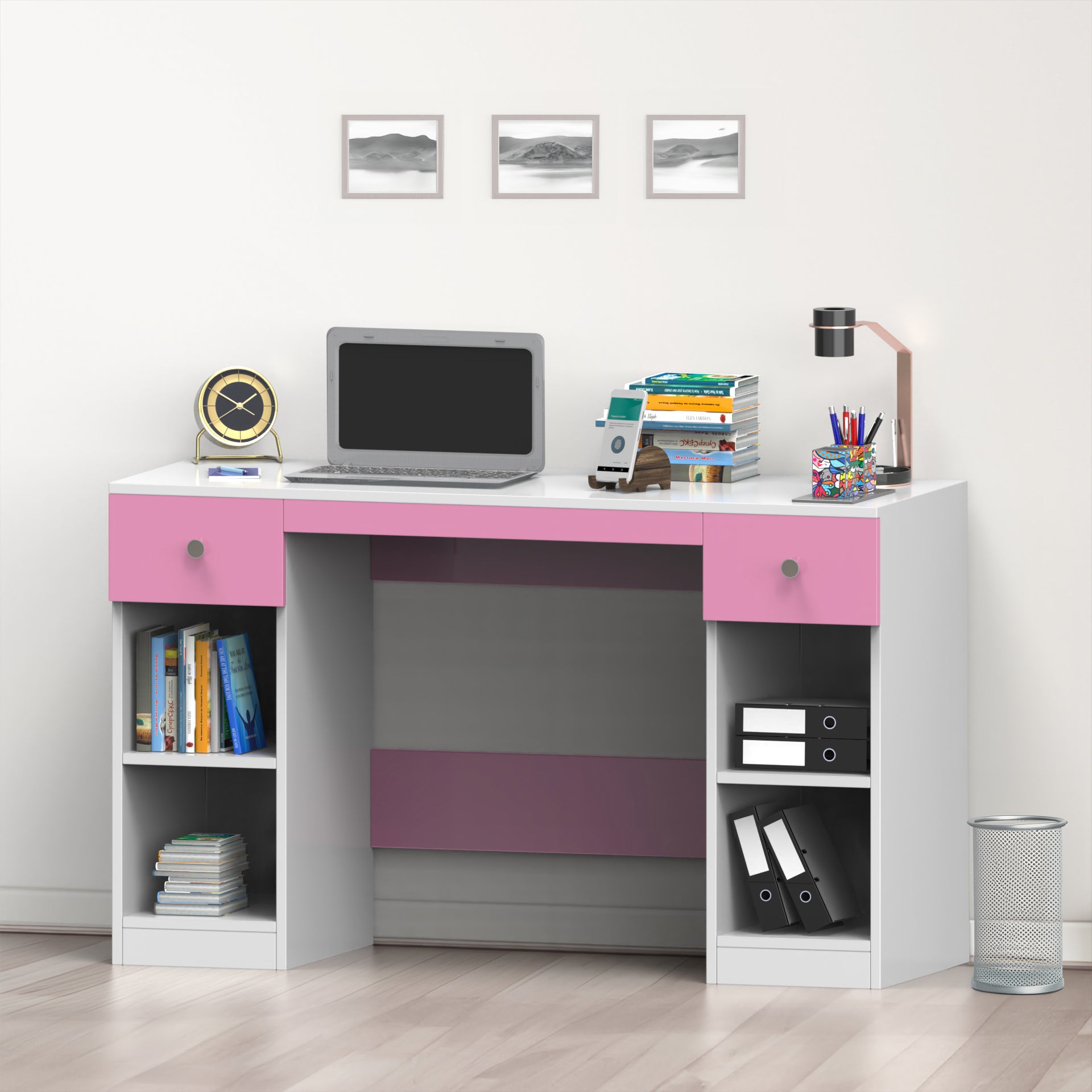 Fortuna Study Table - Hutch Pink and Frosty White - Neehv Home