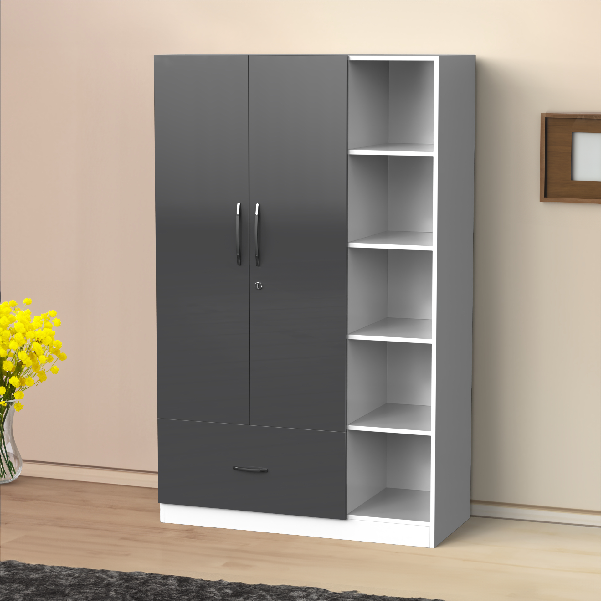 Eden Wardrobe cum Bookshelf - UV Slate grey and Frosty white - Neehv Home