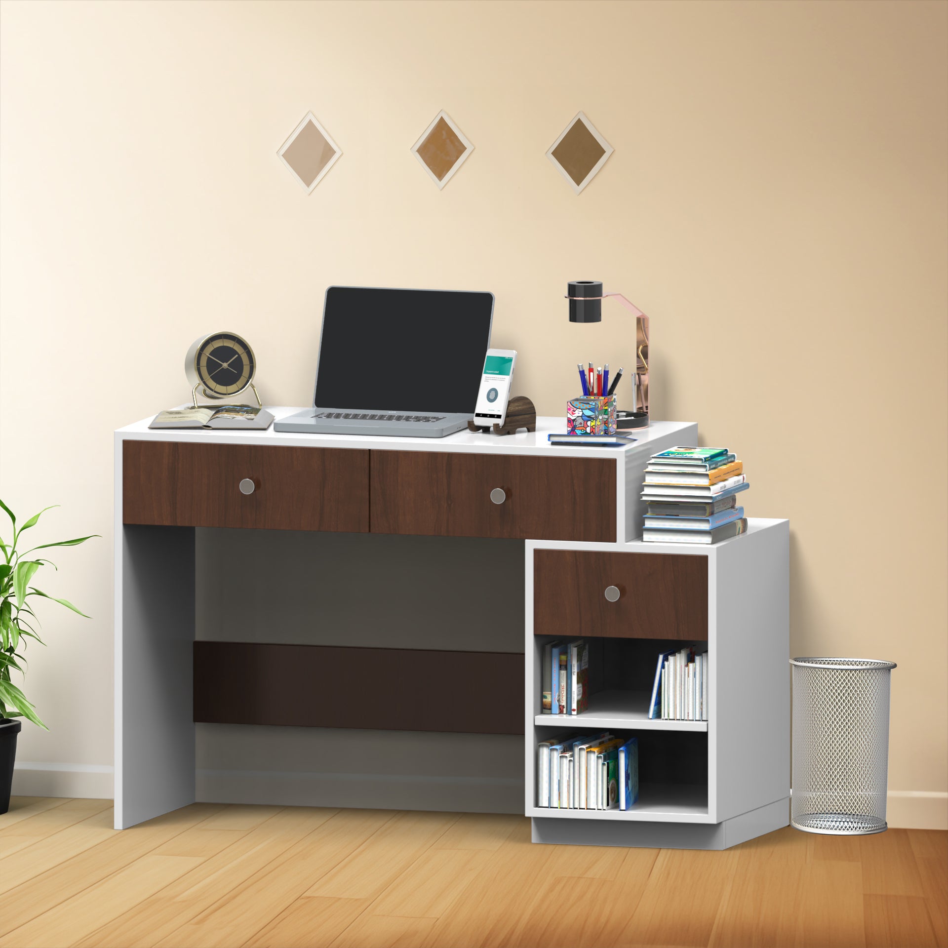 Victor Study Table with Drawers and Storage - Frosty White and Brazilian Walnut - Neehv Home