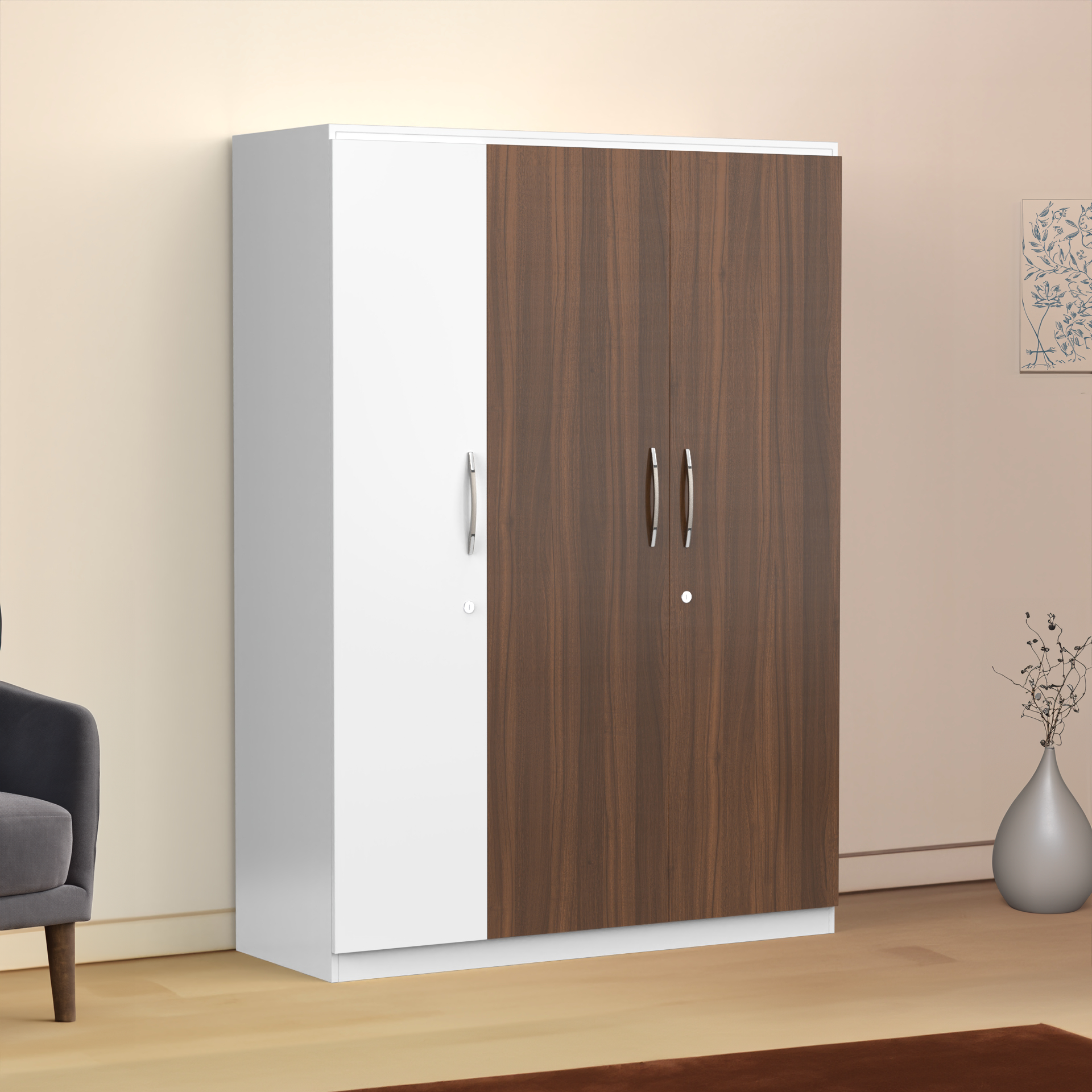 Elysium 3 Door Multi Utility Wardrobe - Classic Walnut and Frosty white - Neehv Home