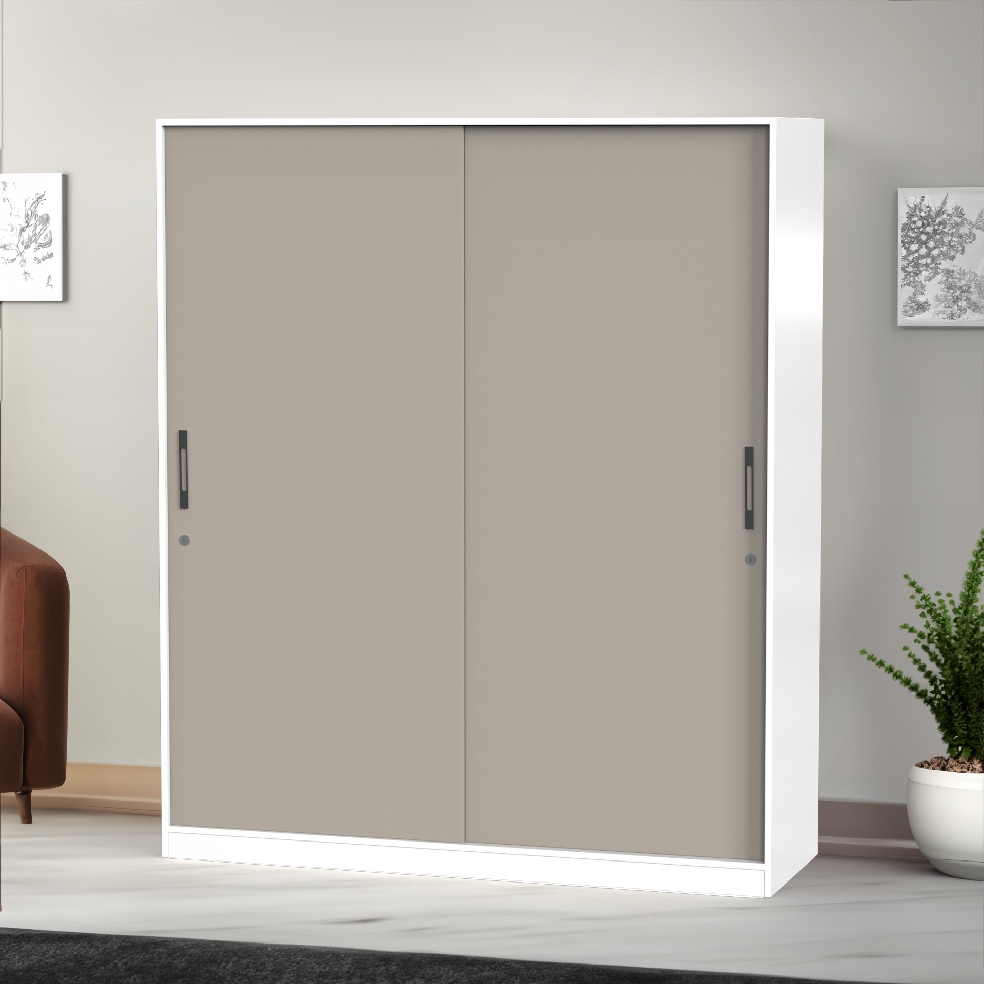 Santorini Sliding Door Wardrobe - UV Pebble Beach and Frosty white - Neehv Home