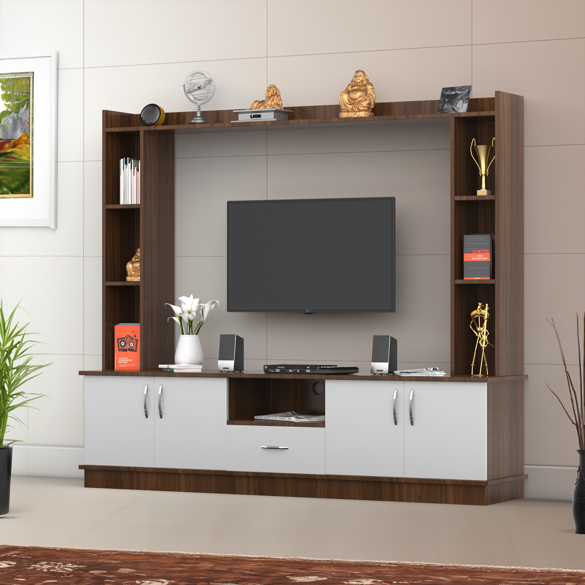 Aurora Modern TV Unit for Hall - Classic Walnut and Frosty White - Neehv Home