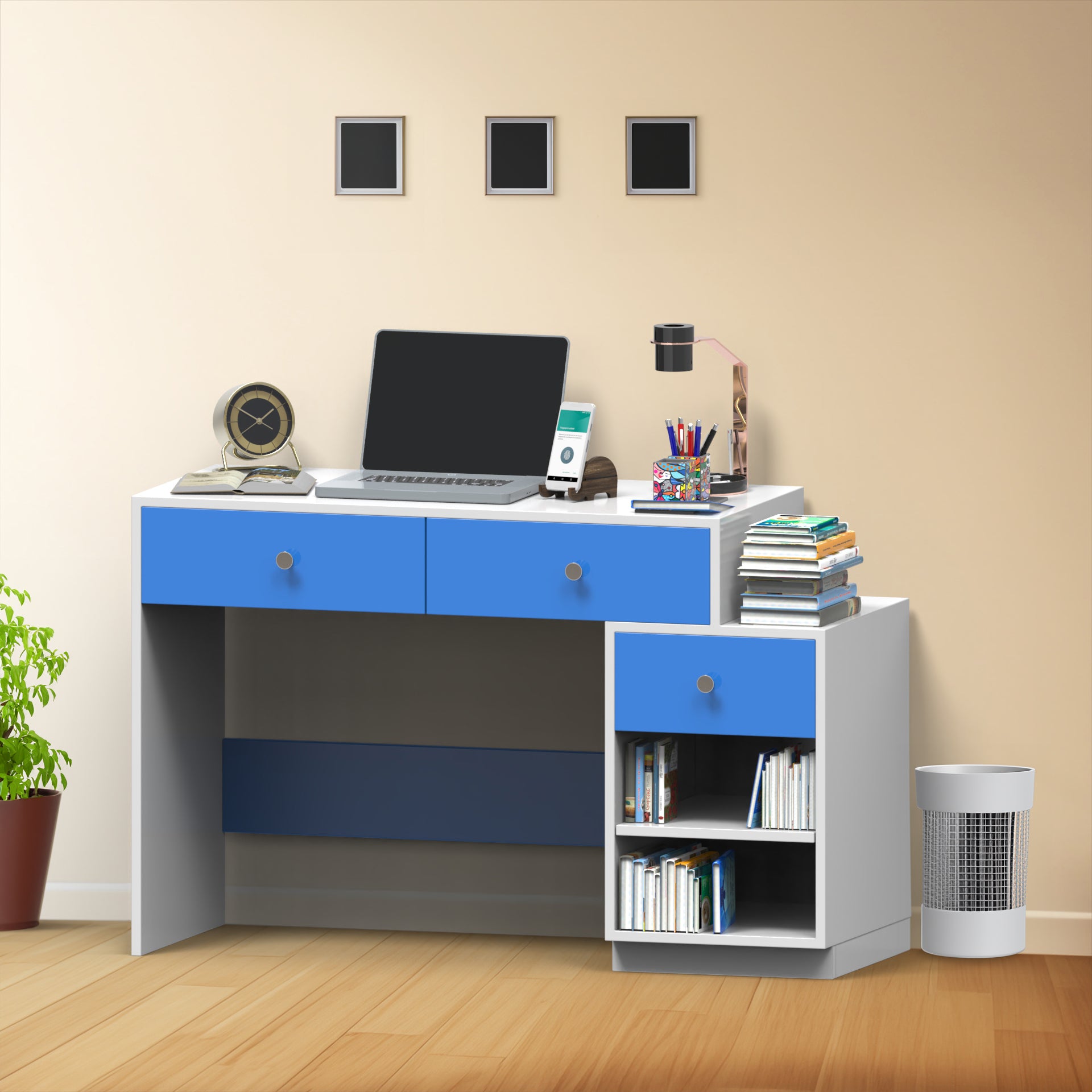 Victor Study Table with Drawers and Storage - HongKong Blue and Frosty White - Neehv Home