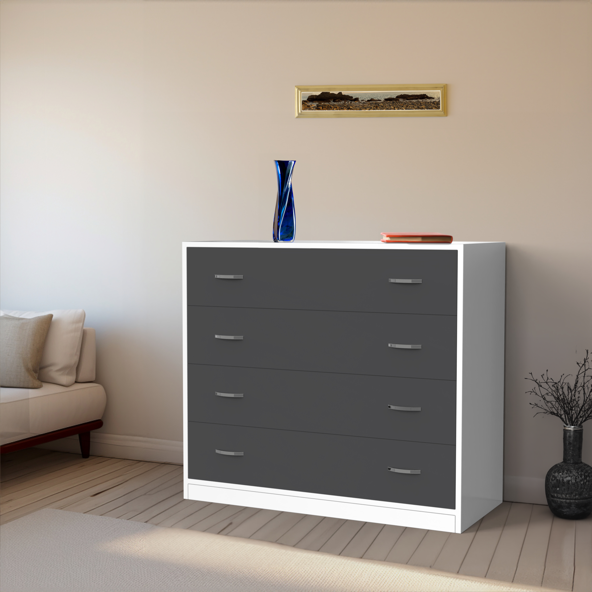 Bliss Chest with 4 Drawers (3') - UV Glossy Slate Grey and Frosty White - Neehv Home