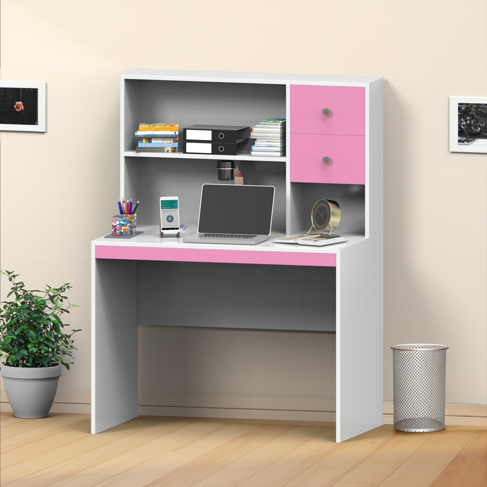 Franklin Study Table with Storage - Hutch Pink and Frosty White - Neehv Home