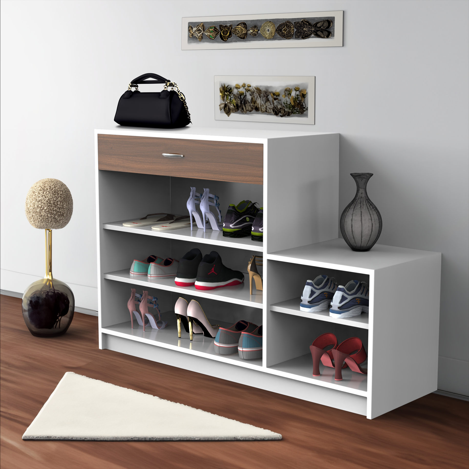 Vita Wooden Shoe Rack with Drawer - Frosty white and Classic Walnut - Neehv Home