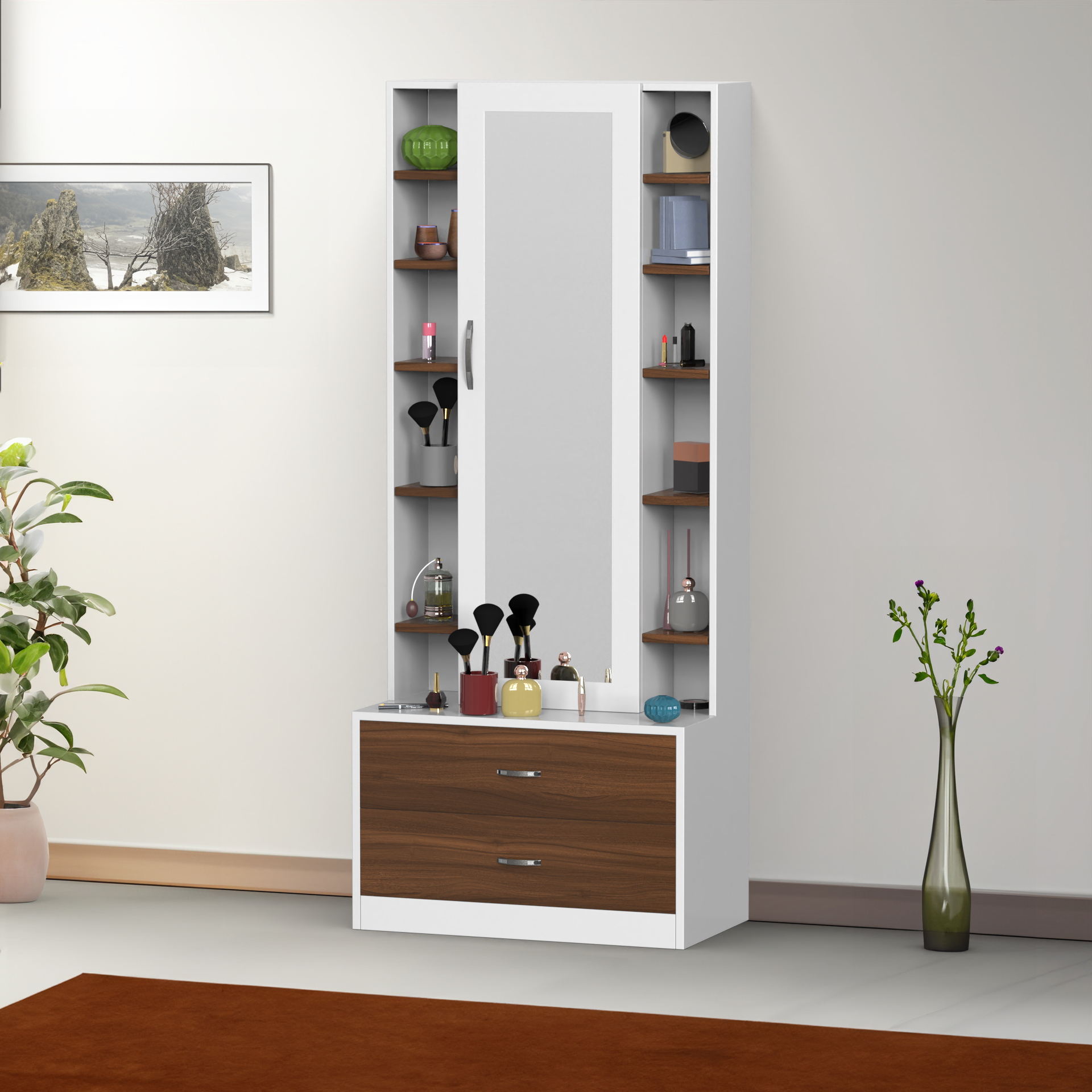 Lily Dressing Table with Storage and Drawers - Classic Walnut and Frosty white | Neehv Home Lily Dressing Table with Storage and Drawers - Classic Walnut and Frosty white | Neehv Home