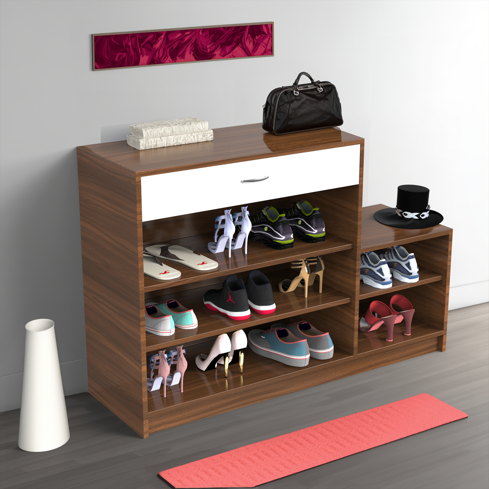 Vita Wooden Shoe Rack with Drawer Classic Walnut and Frosty