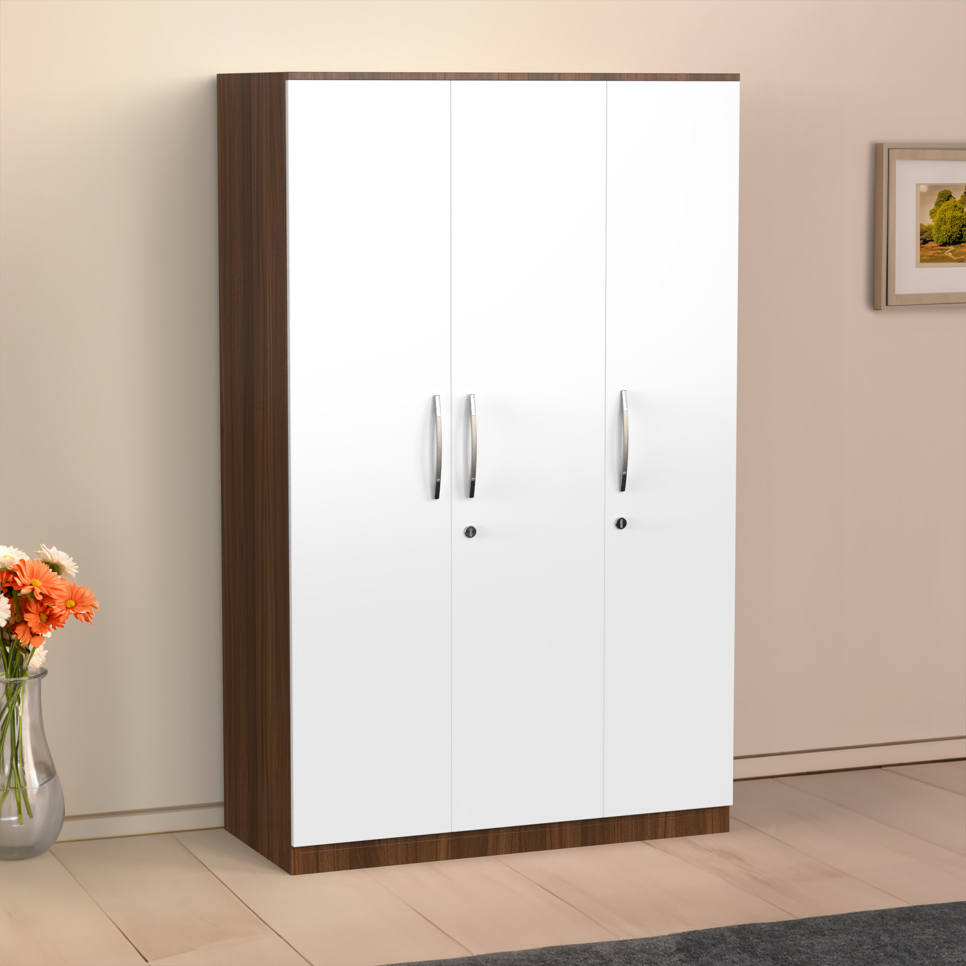 Celestia 3 Door Multi Utility Wardrobe - Classic Walnut and Frosty white - Neehv Home