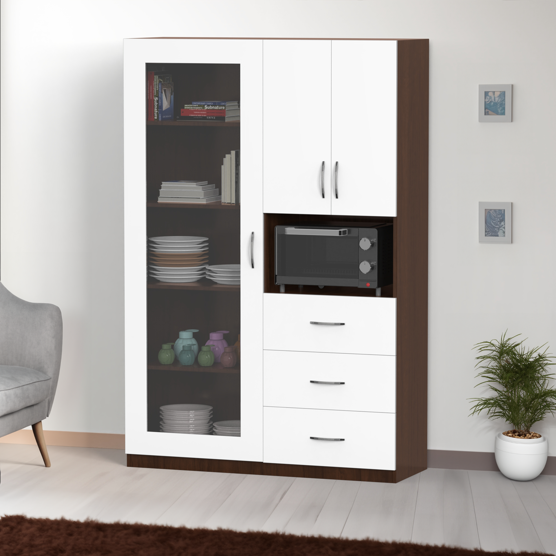 Olivia Crockery Unit - Brazilian walnut and Frosty white - Neehv Home