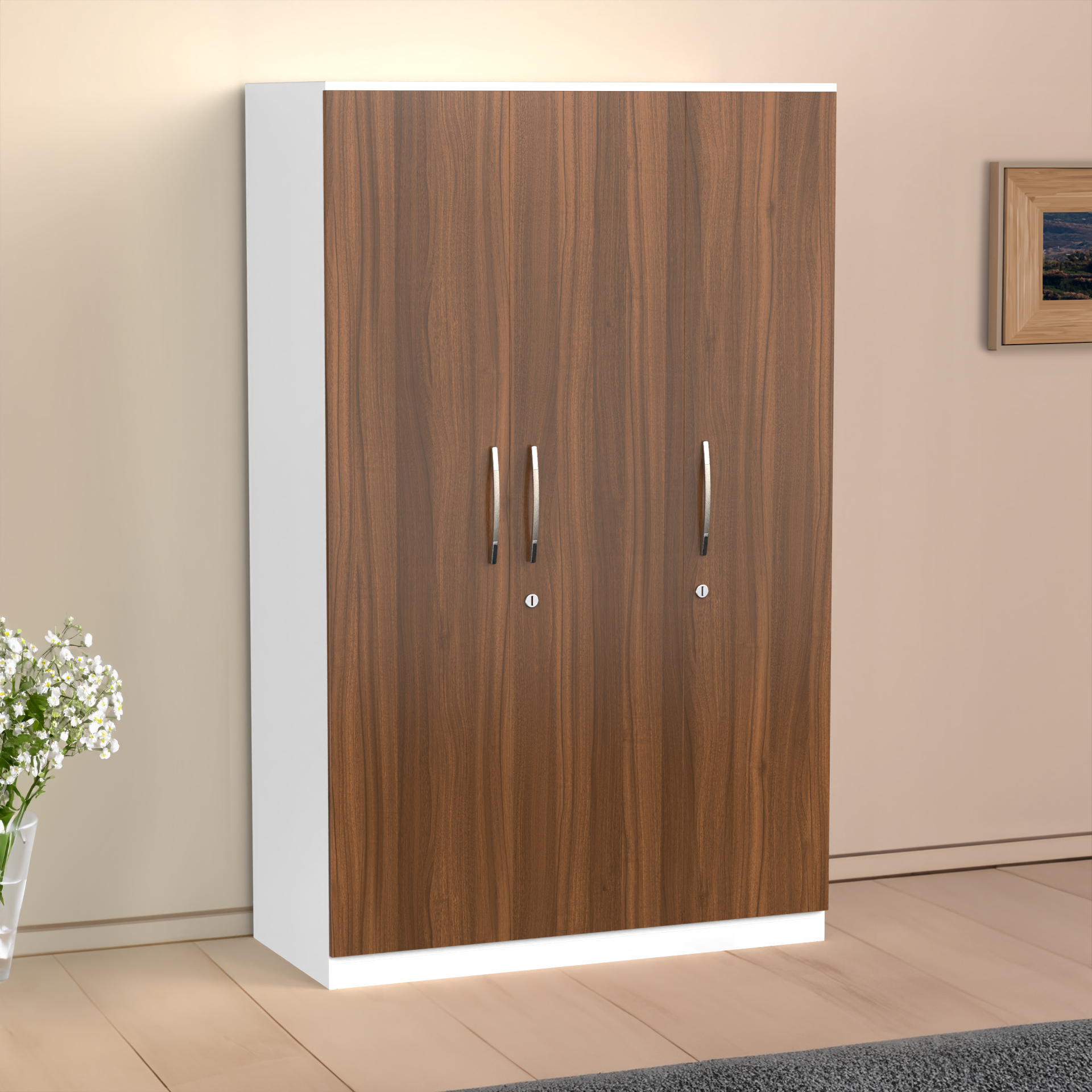 Celestia 3 Door Multi Utility Wardrobe - Classic Walnut and Frosty white - Neehv Home