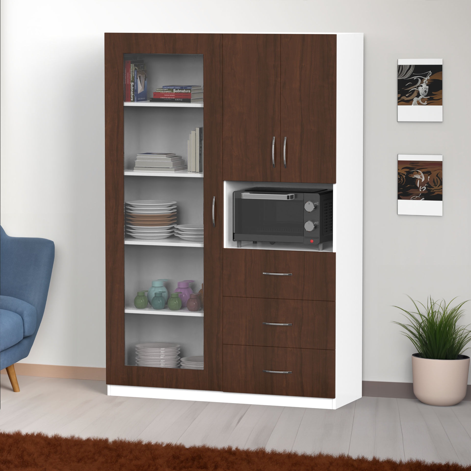 Olivia Crockery Unit - Brazilian walnut and Frosty white - Neehv Home