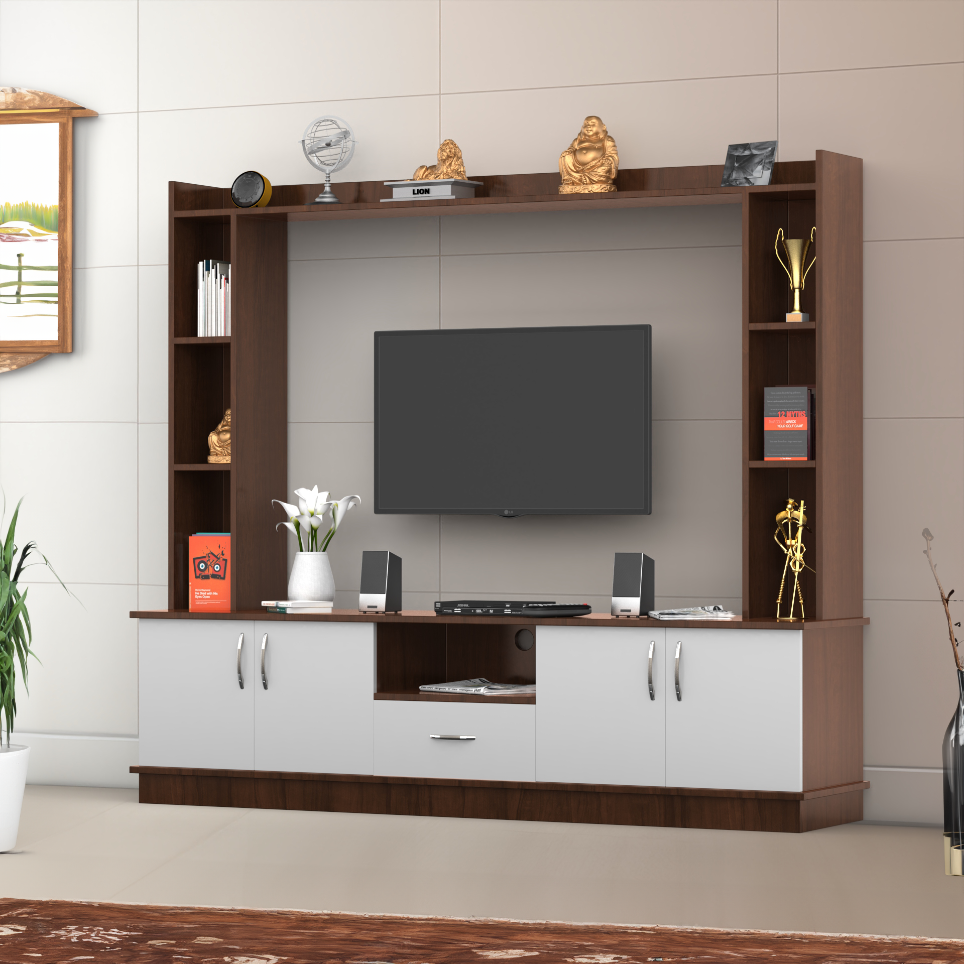 Aurora Modern TV Unit for Hall - Brazilian Walnut and Frosty White - Neehv Home