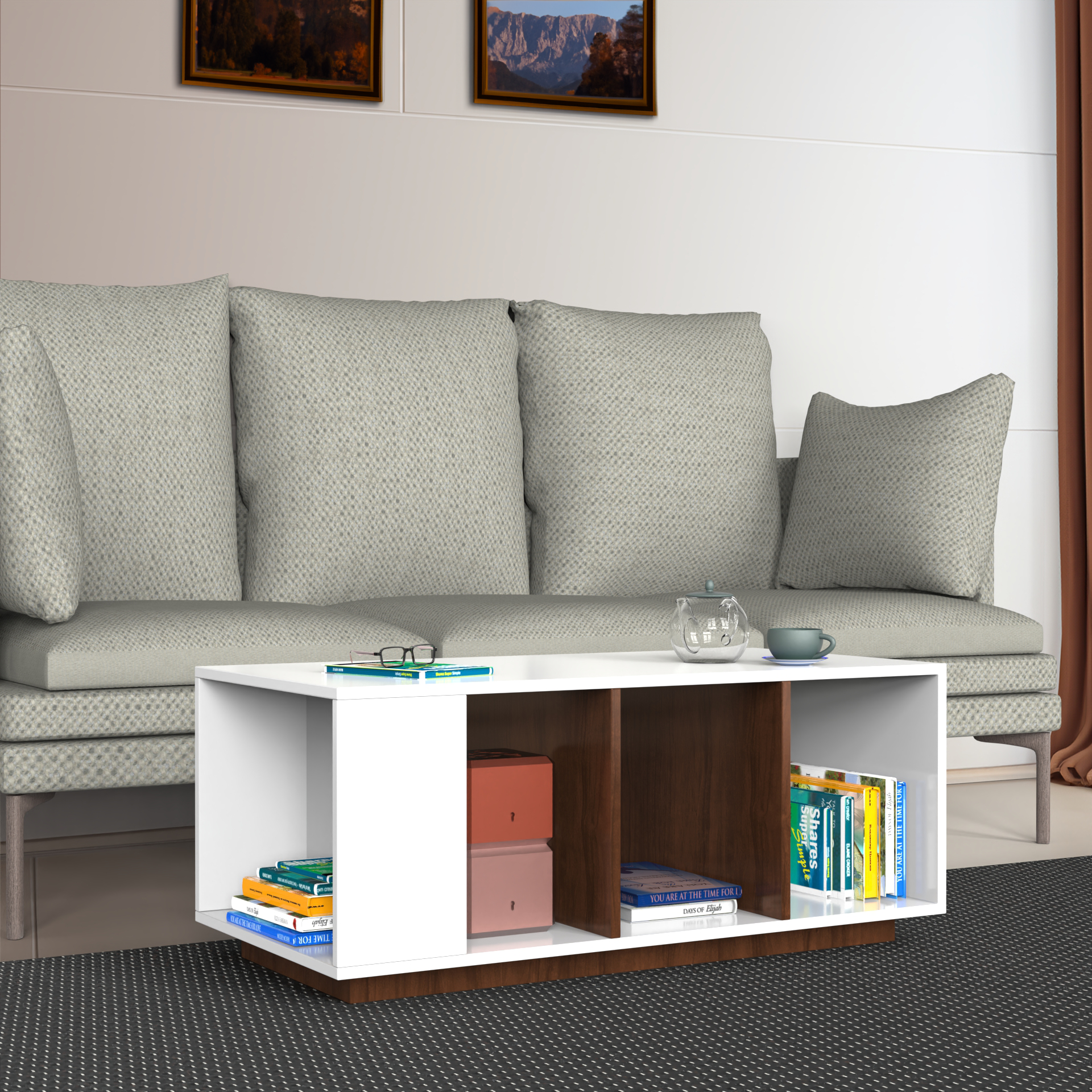 Marvel Rectangular Coffee Table with Storage - Brazillian Walnut and Frosty White - Neehv Home