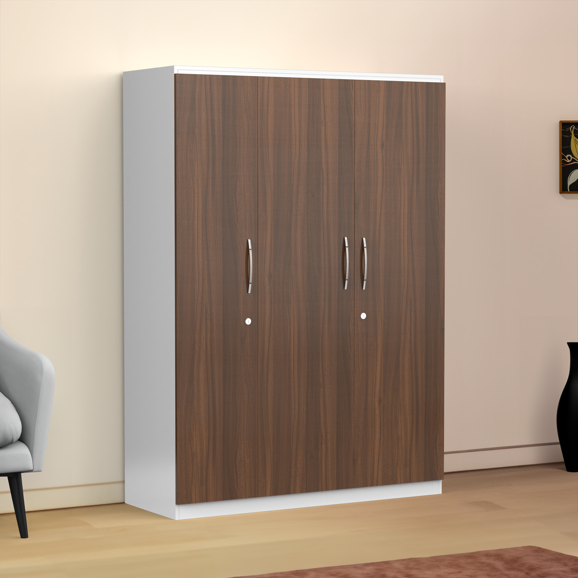 Elysium 3 Door Multi Utility Wardrobe - Classic Walnut and Frosty white - Neehv Home