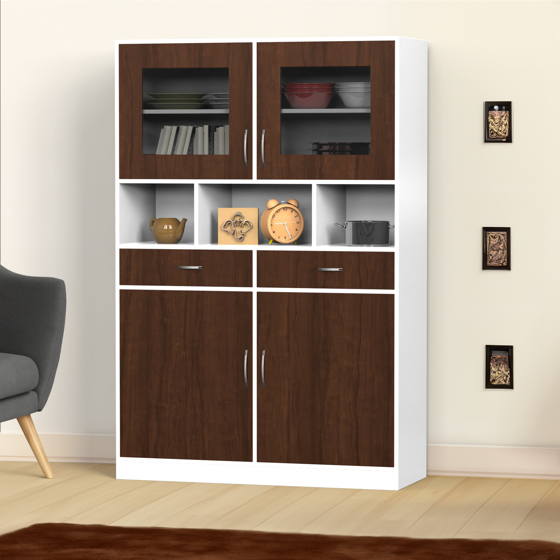 Owen Crockery Unit - Brazilian walnut and Frosty white - Neehv Home