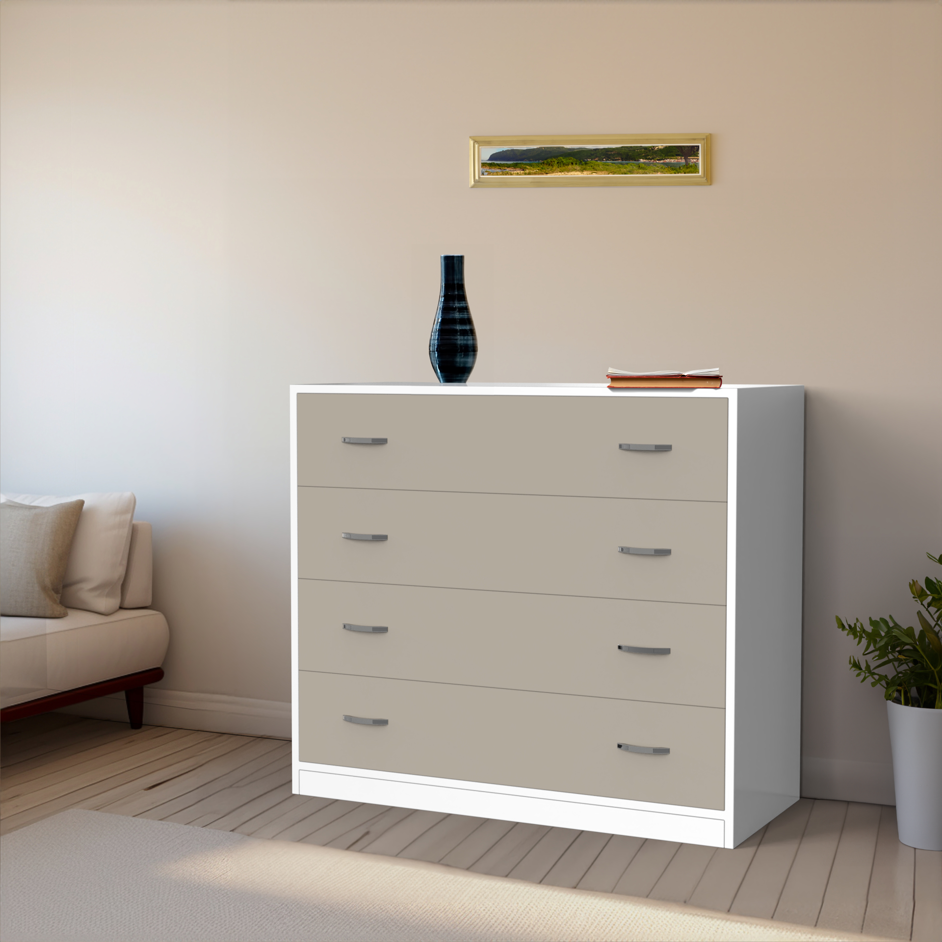 Bliss Chest with 4 Drawers (3') - UV Glossy Pebble Beach and Frosty White - Neehv Home