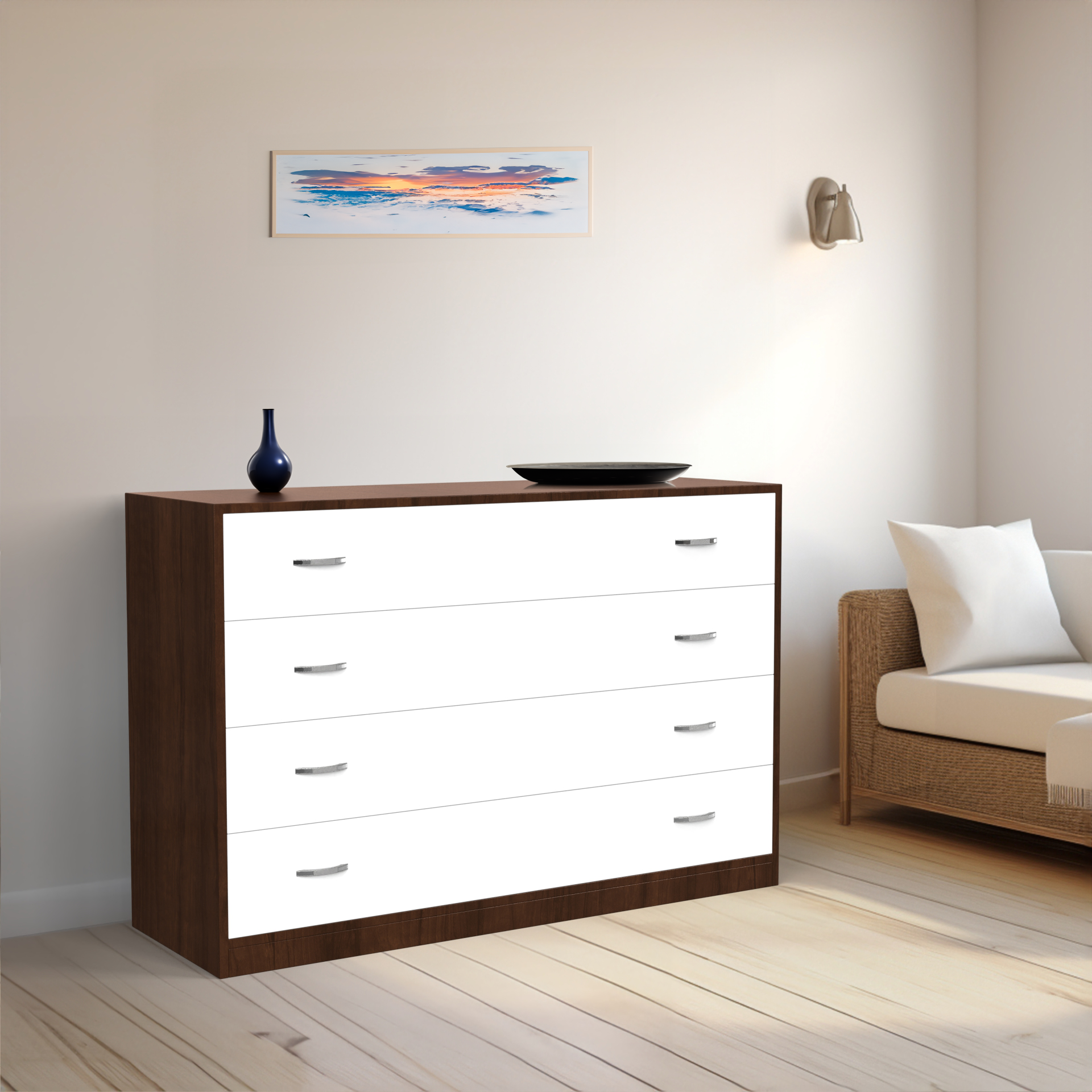 Bliss Chest with 4 Drawers (4') - Brazilian Walnut and Frosty White - Neehv Home