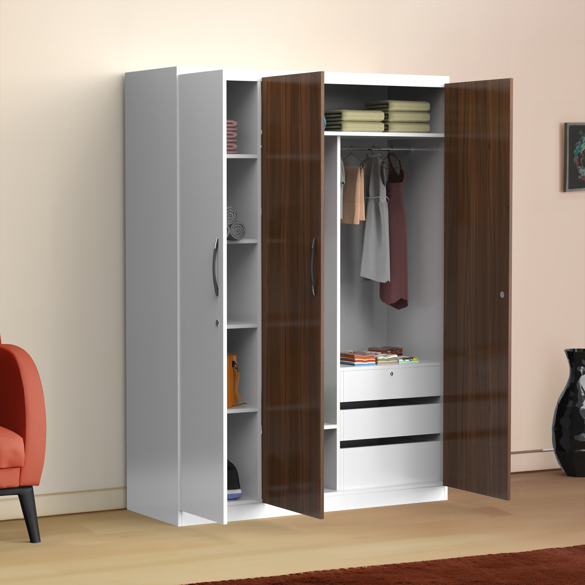 Elysium 3 Door Multi Utility Wardrobe - Classic Walnut and Frosty white - Neehv Home