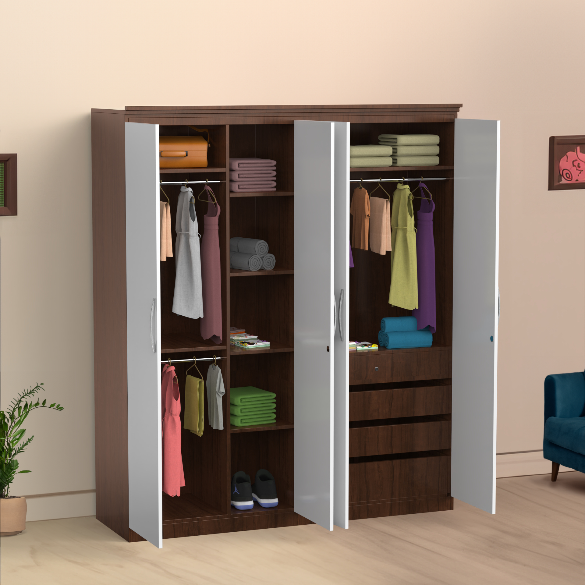 Oasis 4 Door Wardrobe - Brazilian walnut and Frosty white - Neehv Home