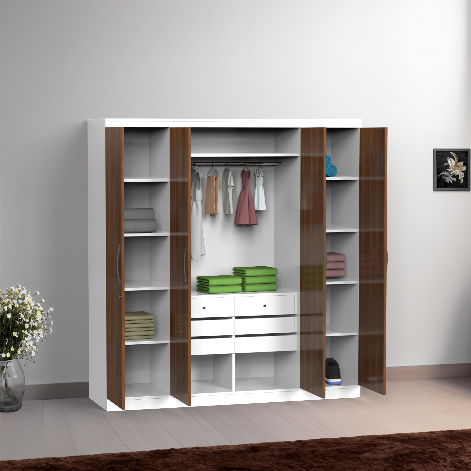 Granada 4 Door Wardrobe - Classic Walnut and Frosty white - Neehv Home