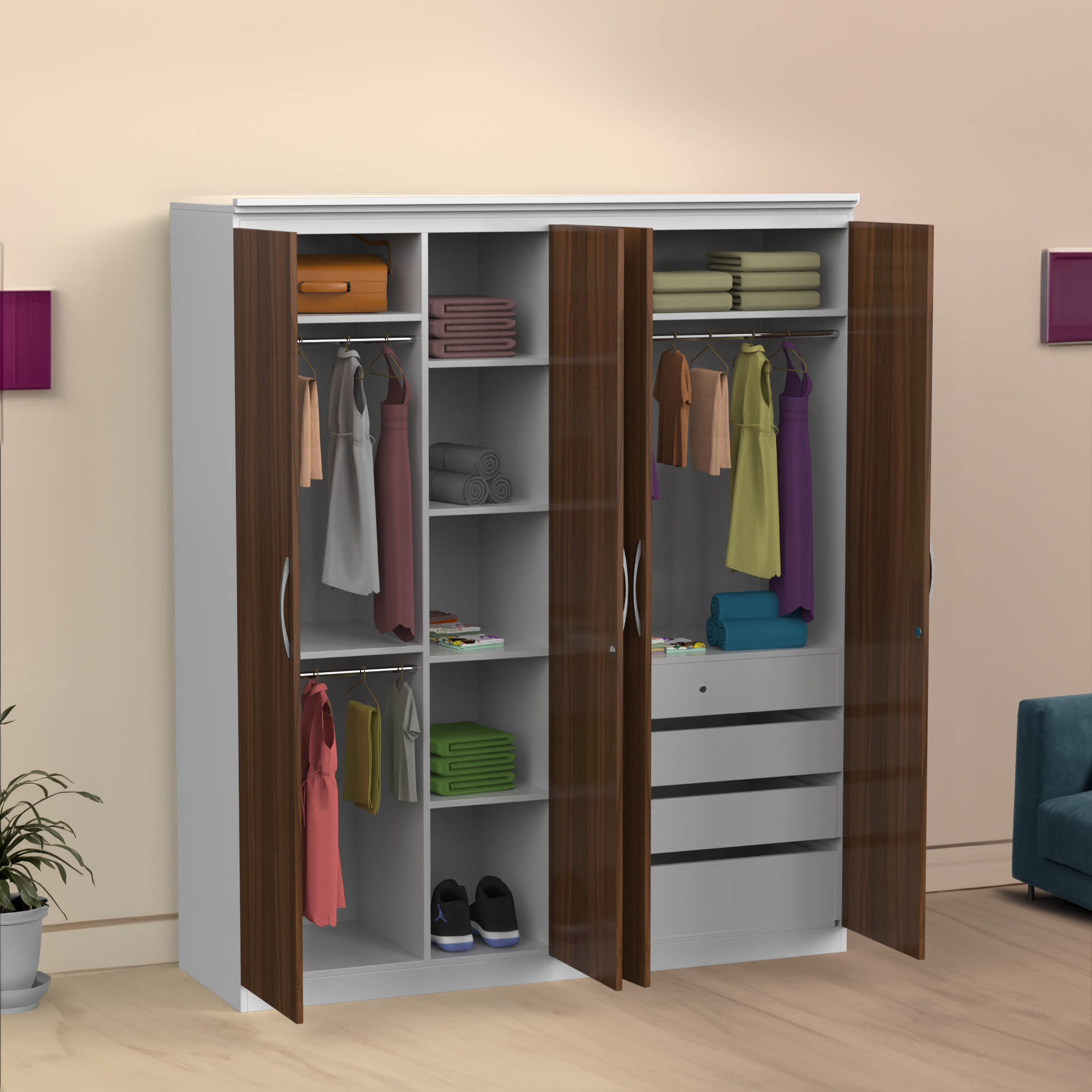 Oasis 4 Door Wardrobe - Classic Walnut and Frosty white - Neehv Home