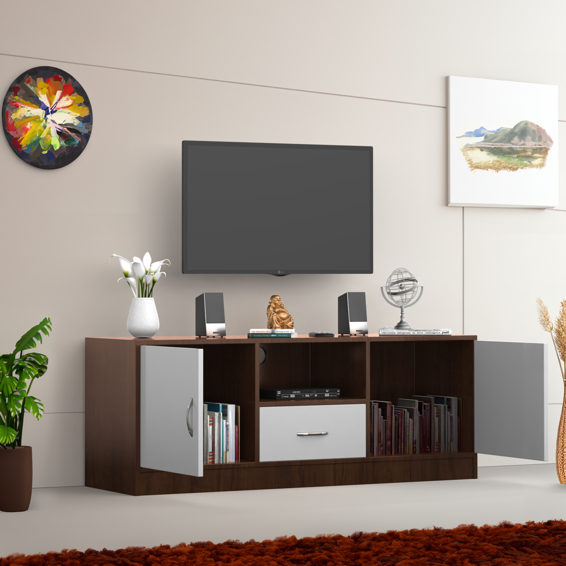 Serenity Wooden TV Unit - Brazilian Walnut and Frosty White - Neehv Home