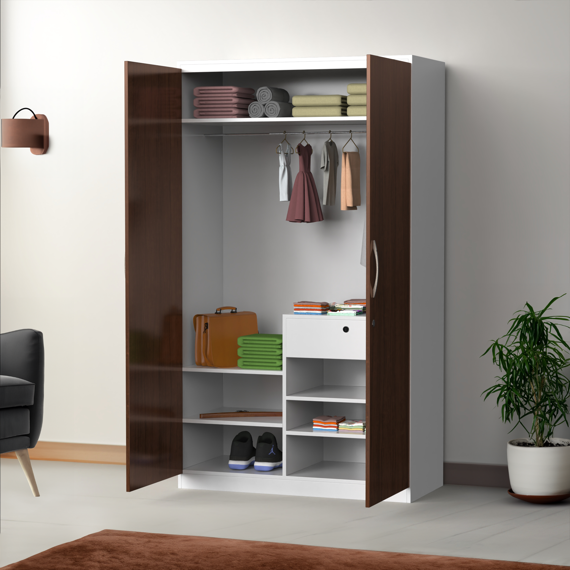 Zen 2 Door Wardrobe - Brazilian walnut and Frosty white - Neehv Home