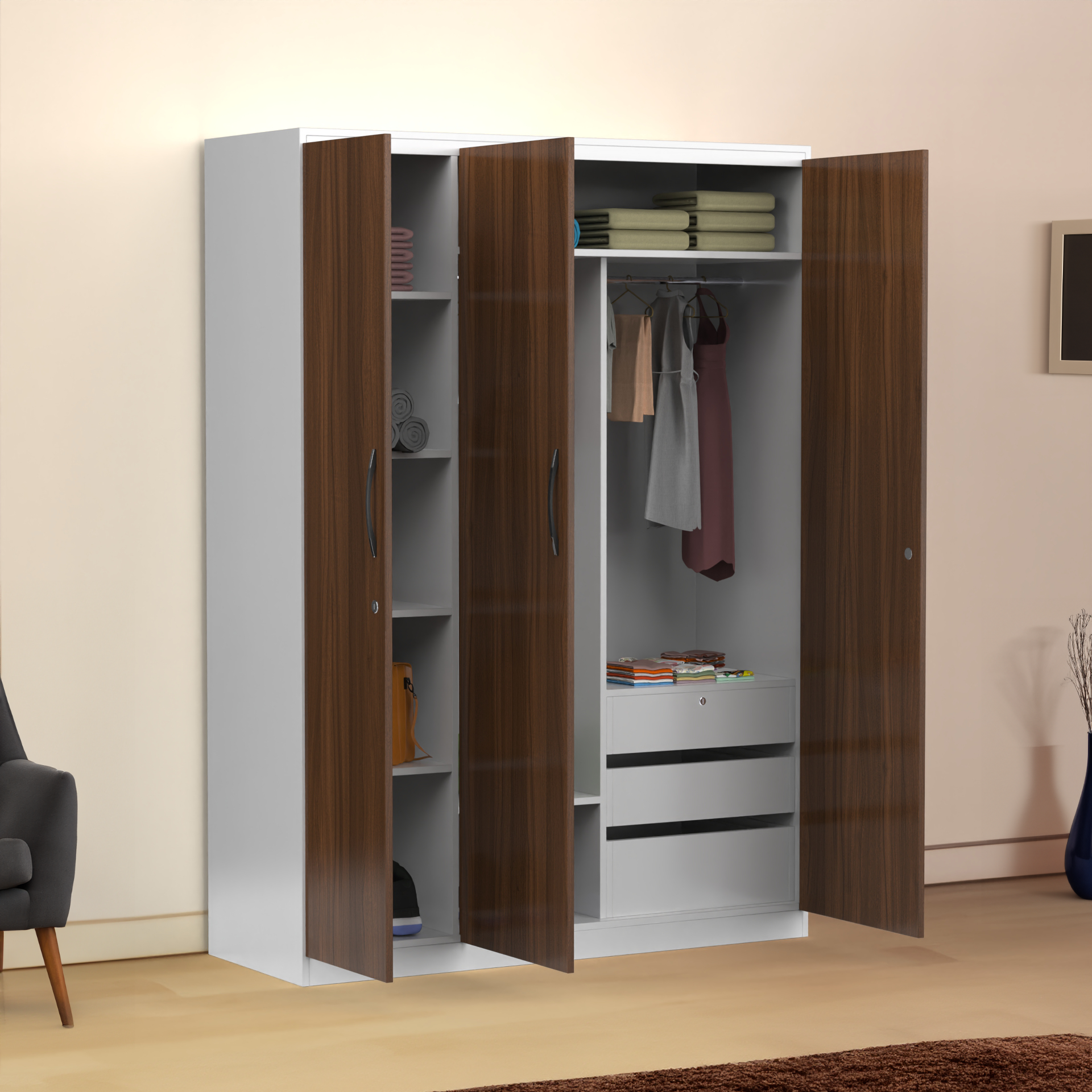 Elysium 3 Door Multi Utility Wardrobe - Classic Walnut and Frosty white - Neehv Home