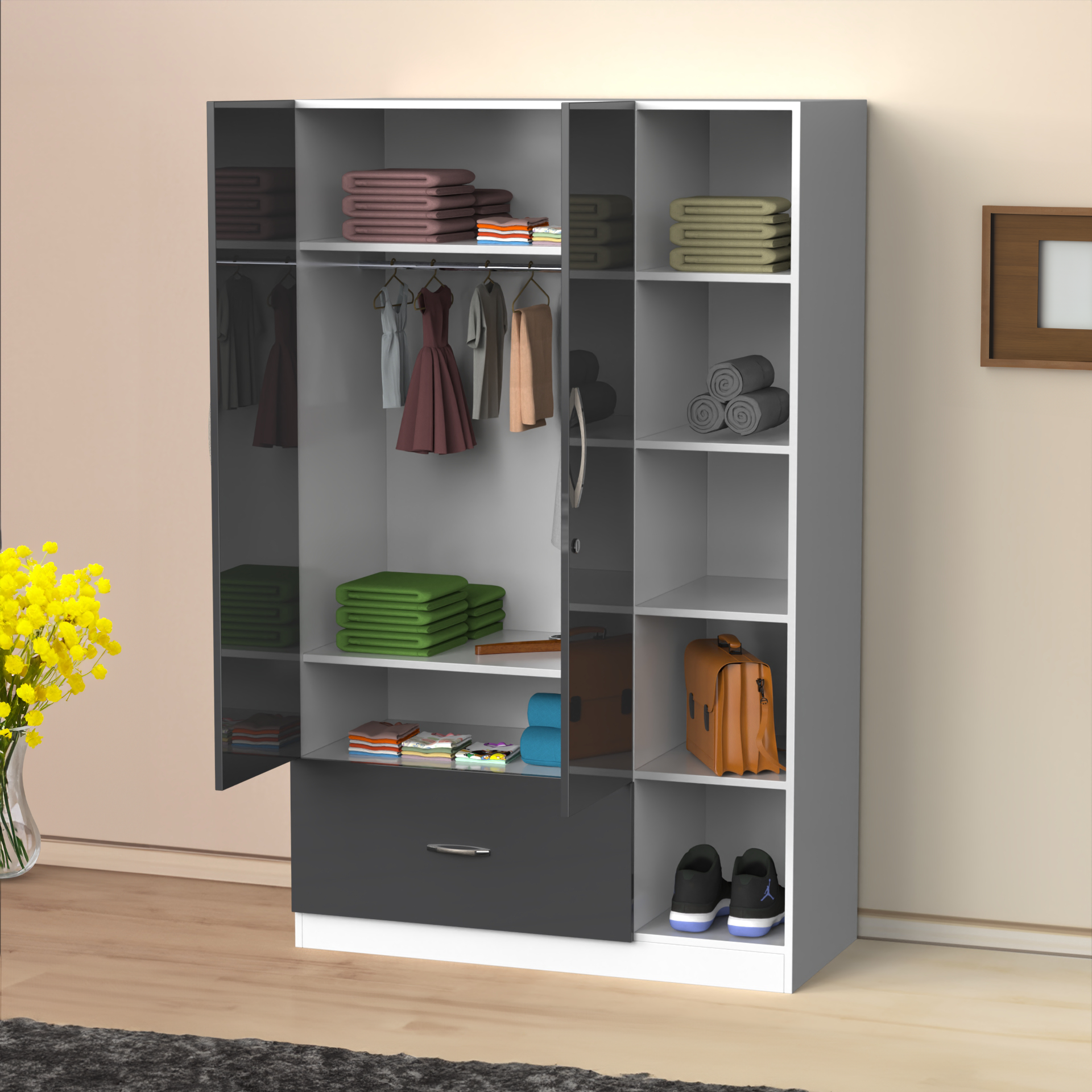 Eden Wardrobe cum Bookshelf - UV Slate grey and Frosty white - Neehv Home