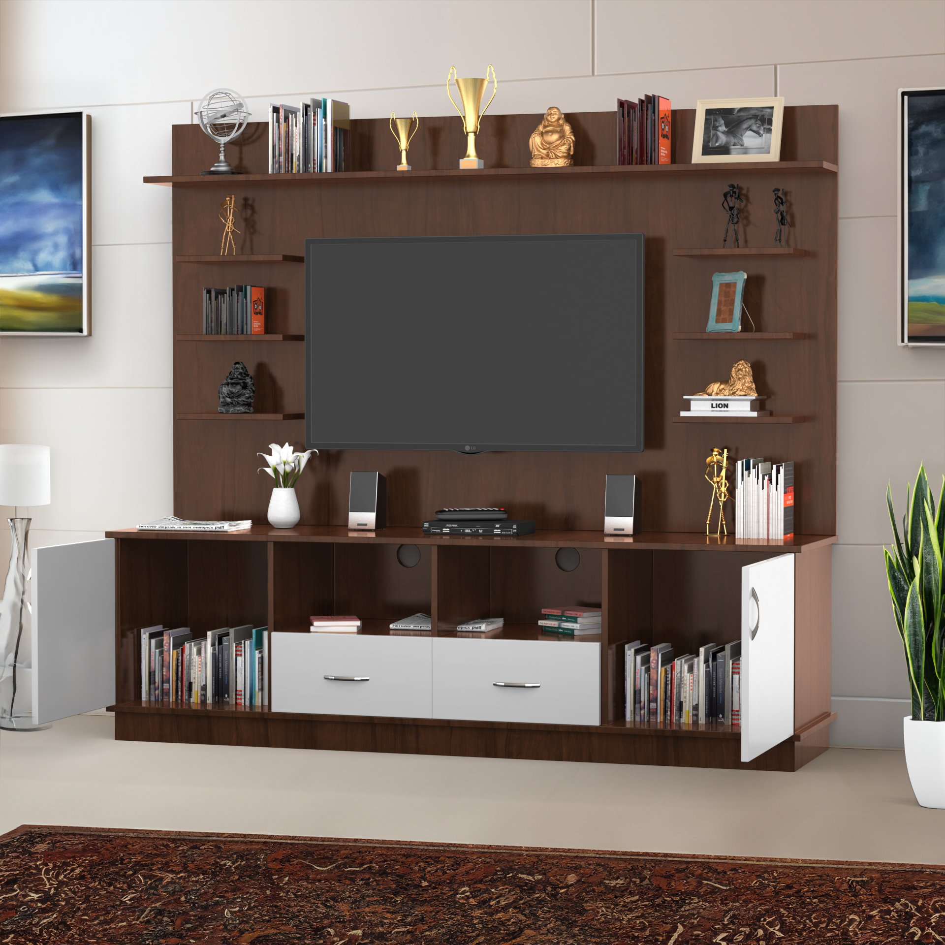 Brilliance TV Unit - Brazilian Walnut and Frosty White - Neehv Home