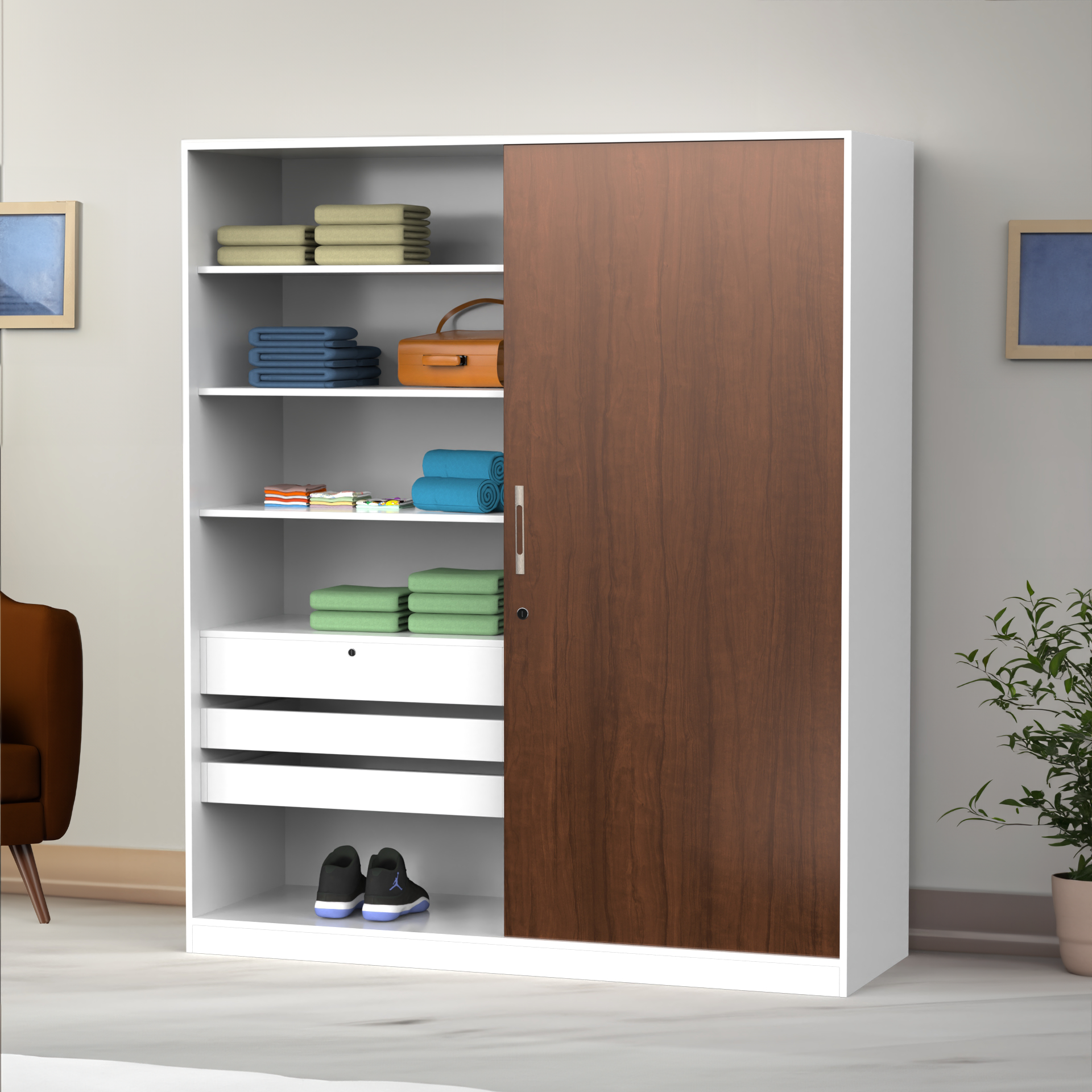 Santorini Sliding Door Wardrobe - Brazilian walnut and Frosty white - Neehv Home