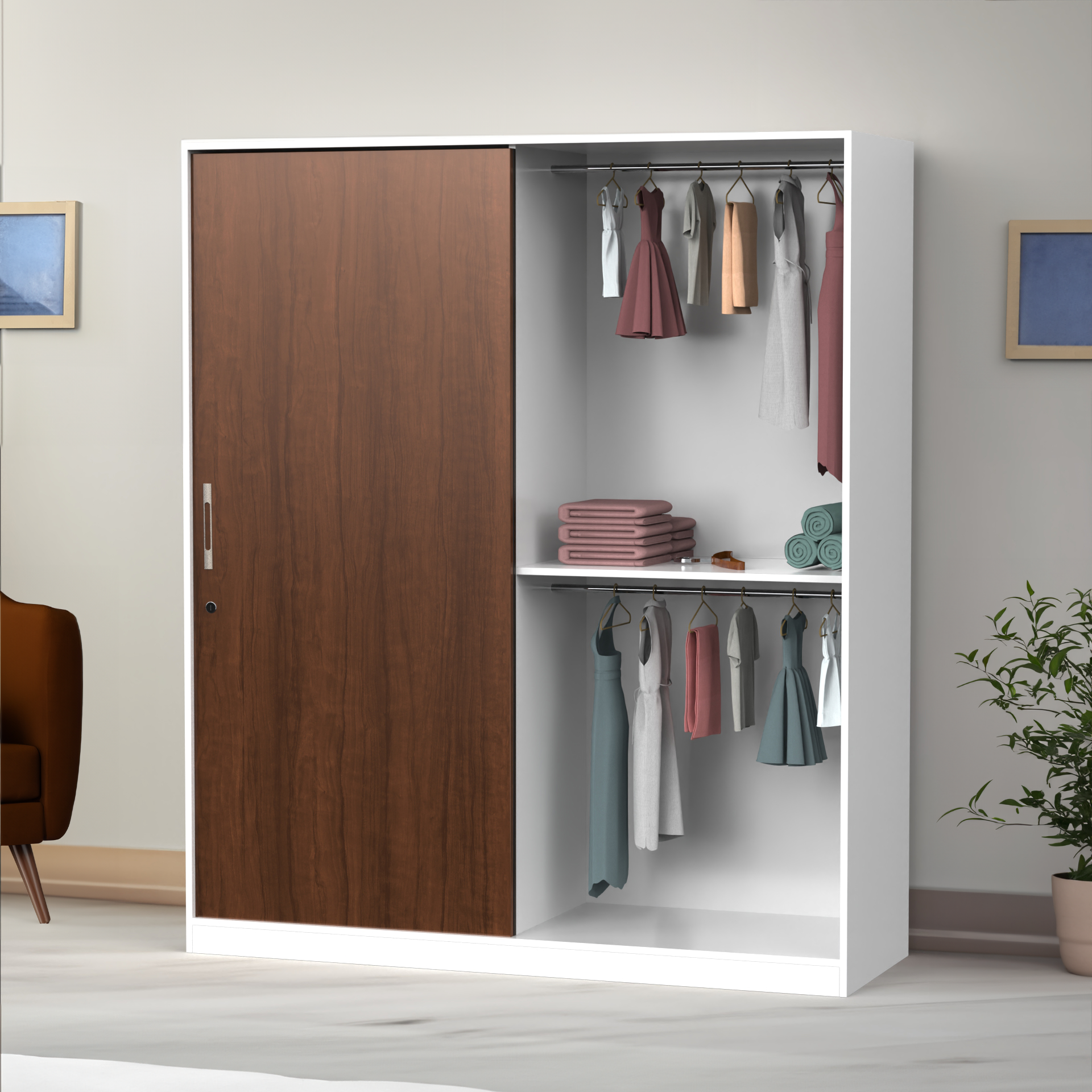 Santorini Sliding Door Wardrobe - Brazilian walnut and Frosty white - Neehv Home