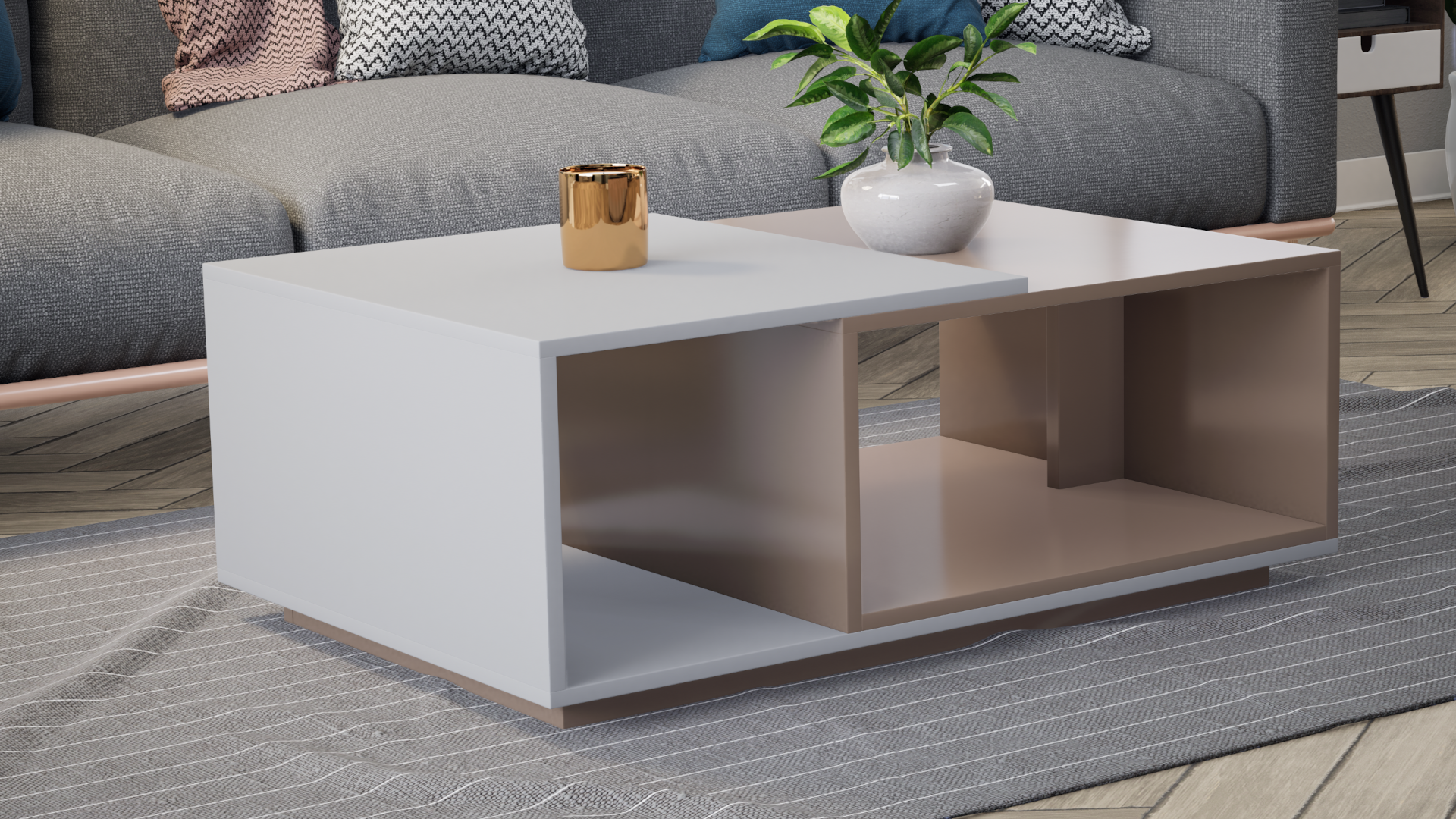 Euphoria Center Table with Open Storage - UV Glossy Pebble Beach and Frosty White - Neehv Home