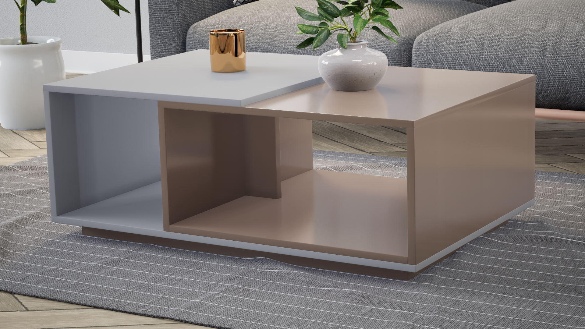 Euphoria Center Table with Open Storage - UV Glossy Pebble Beach and Frosty White - Neehv Home