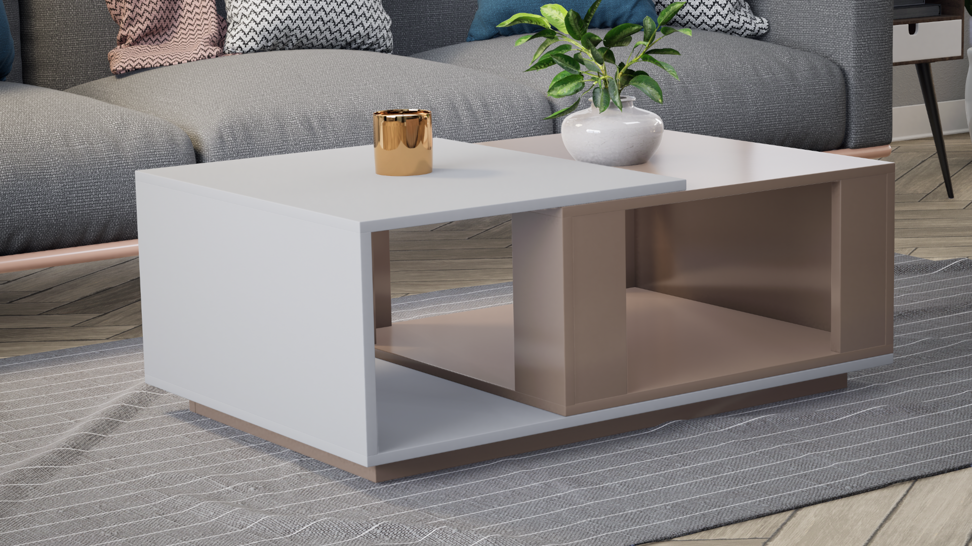 Iris Coffee Table with Open Storage - UV Glossy Pebble Beach and Frosty White - Neehv Home